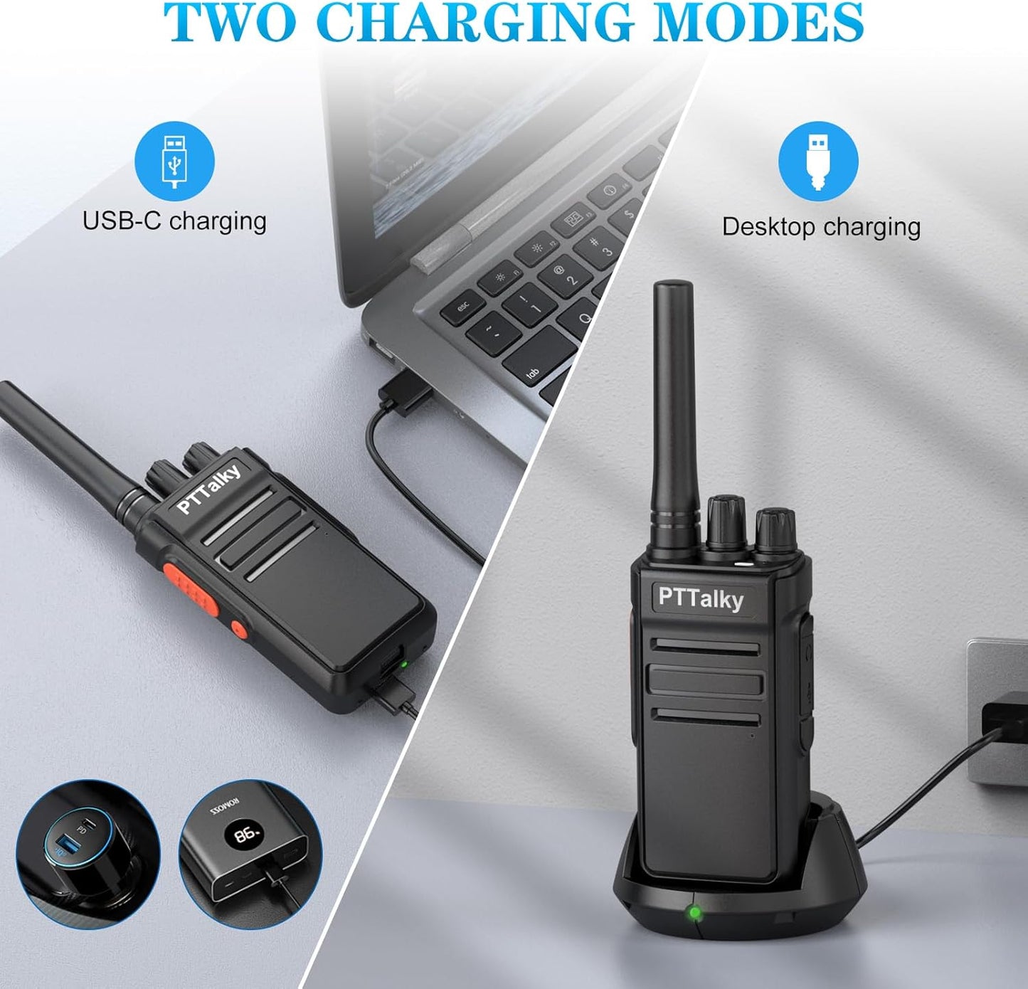 PTTalky FR1 Walkie Talkies with 6-Way Charger, Long Range Walkie Talkies, USB-C Charging, VOX, with Earpieces, 2 Way Radios for Business School Warehouse