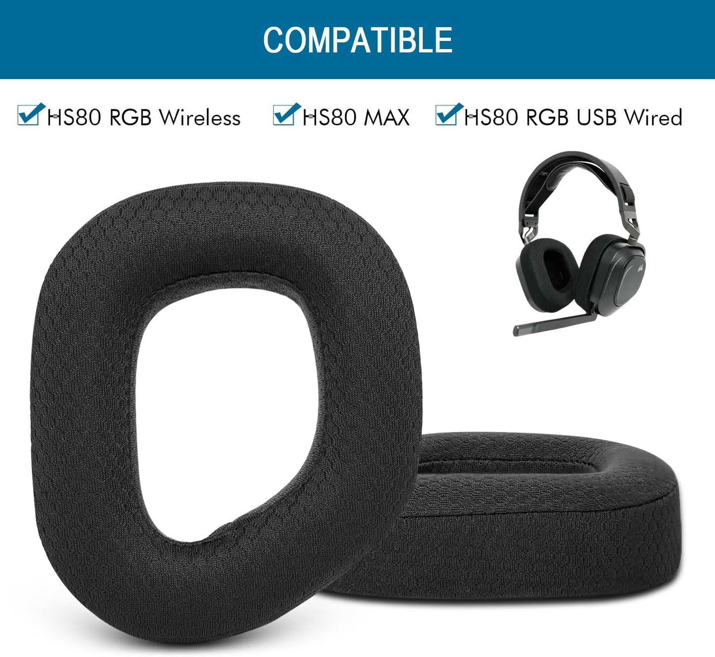Gvoears Replacement Earpads for Corsair HS 80 RGB Wireless/Wired Gaming Headsets Ear Cushions, Comfortable & Soft Sponge, Breathable Mesh Fabric (Black)