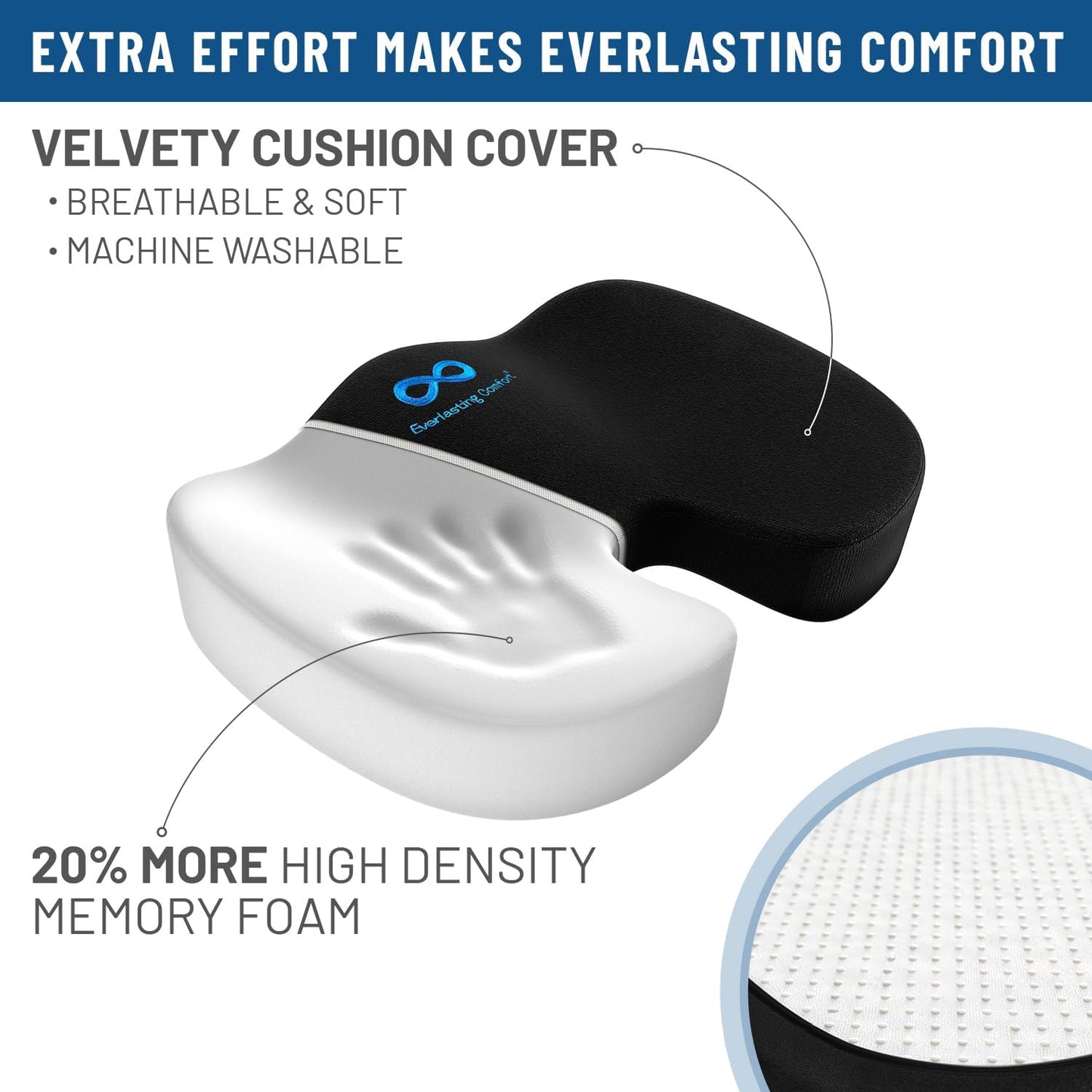Everlasting Comfort Memory Foam Seat Cushion - Office Chair Cushion for Work, Travel, Car Support Pillow for Driving - Portable Seat for Chairs and Desks - Coussin Chaise - Black