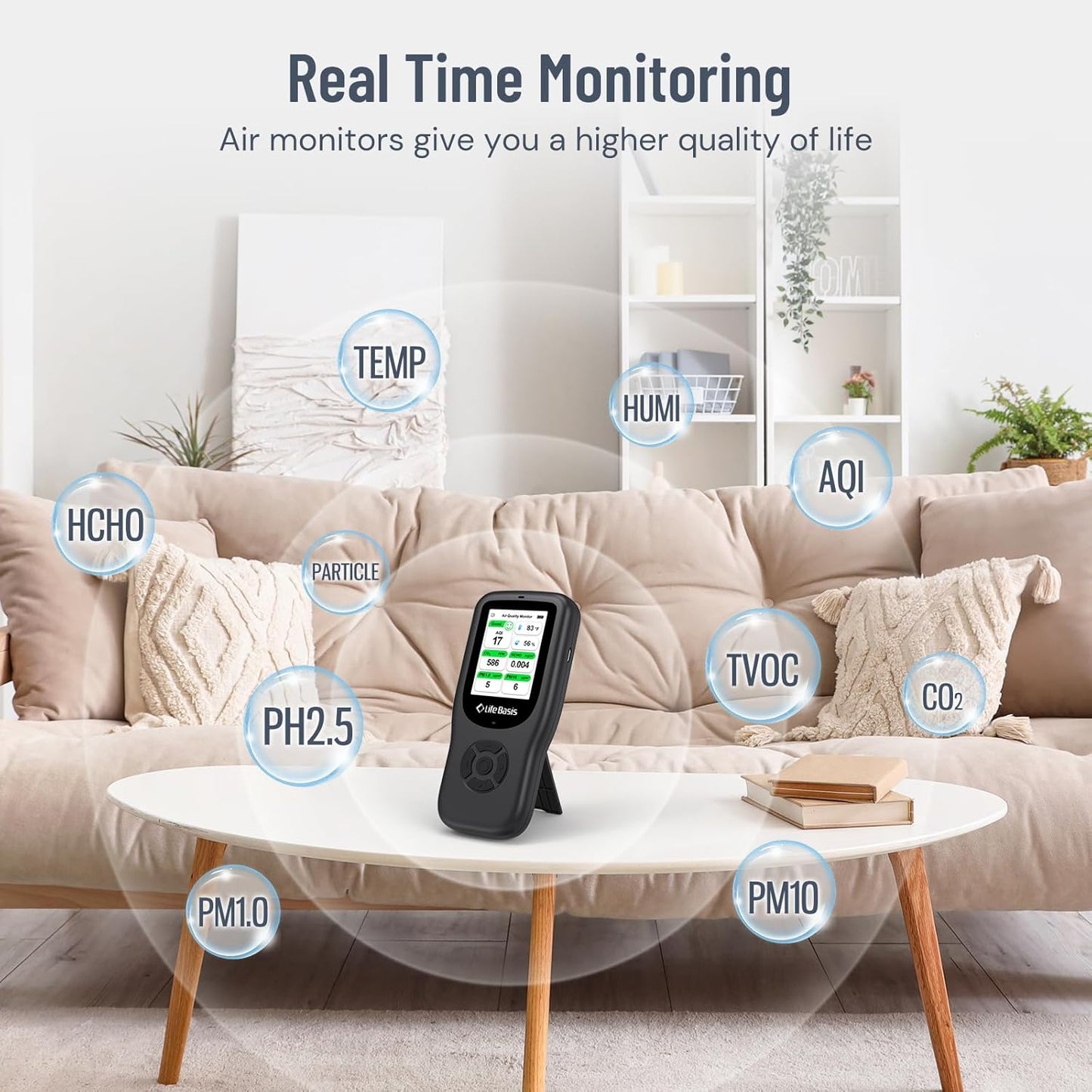 LifeBasis Air Quality Monitor Indoor, 10-in-1 Air Quality Detector with Stand, Real-Time Air Meter Test AQI, PM1.0, PM2.5, PM10, CO2, TVOC, HCHO, Particles, Temperature and Humidity with Alert -Black