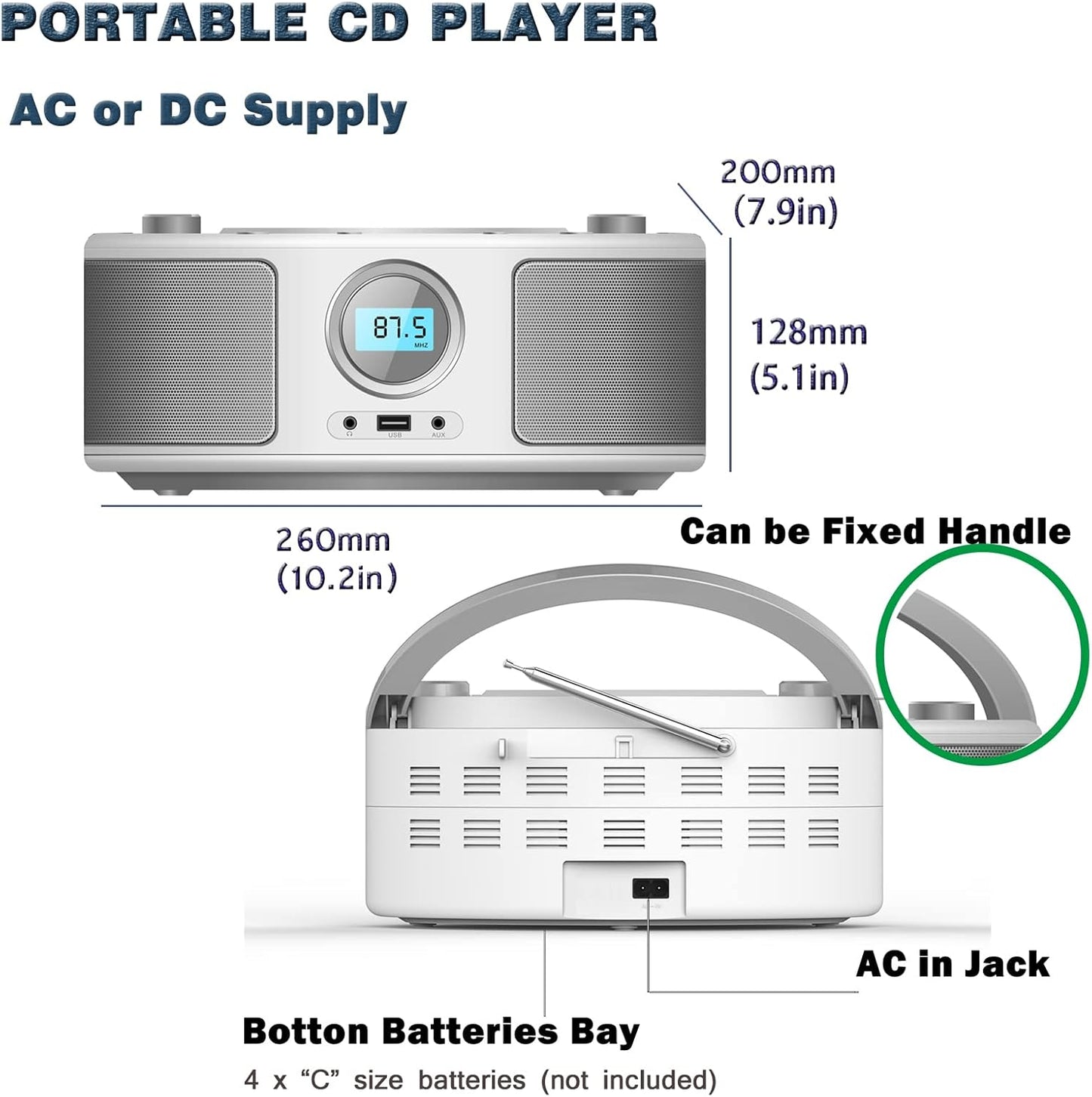 Portable CD Player Boombox with Bluetooth,FM Radio Stereo,USB MP3 Playback,CD-R/CD-RW/MP3-CD Compatible,3.5mm Headphone Jack, AC/Battery Powered, Programmable CD Player