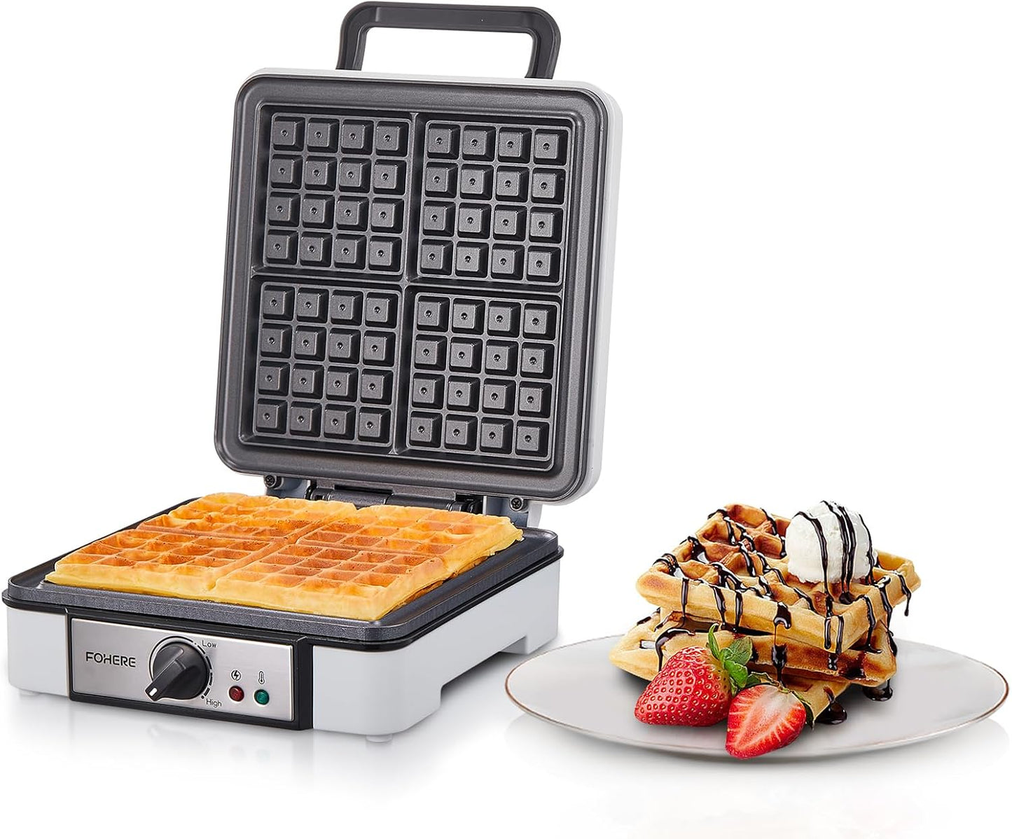 FOHERE Waffle Maker, 4-Slice Waffle Iron, Square Belgian Waffle Maker, with 5 Browning Levels, Non-Stick Plates, Indicator Lights, Cool Touch Handle, Recipe, 1200W (White)