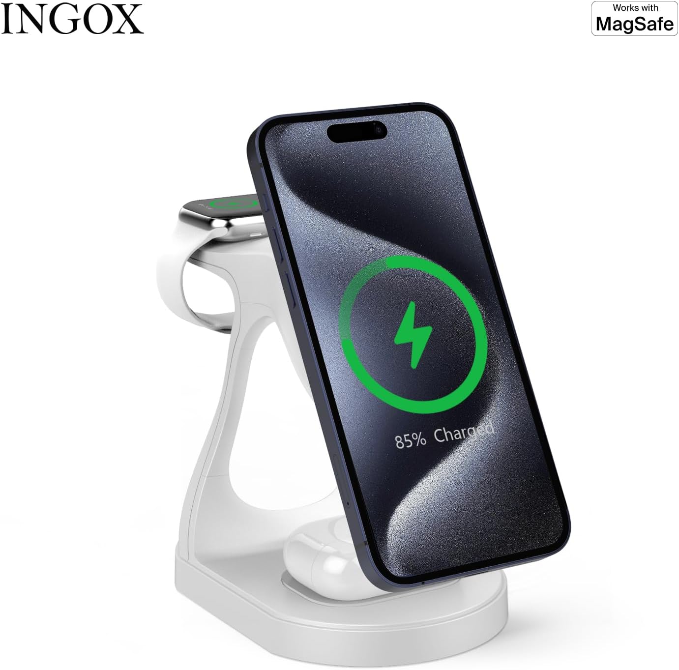 INGOX 4 in 1 Magnetic Wireless Charger Stand for iPhone 16 15 14 13 12 Pro/Max/Plus/Mini, AirPods Pro/3/2, and Watch 9/8/7/6/SE/5/4/3, Fast Charging Station, White Dolphin, 20W