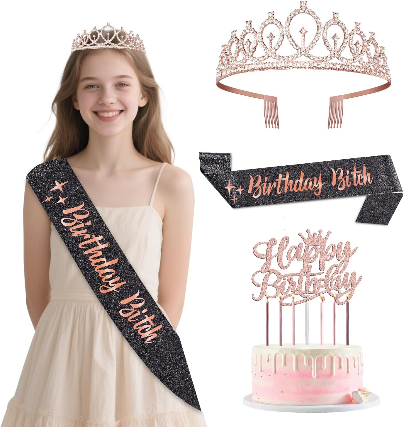 65th Birthday Decorations for Women, Including 65th Birthday Sash and Crown, Cake Topper and Candles, Number Balloons Rose Gold, 65 Year Old Gifts for Women