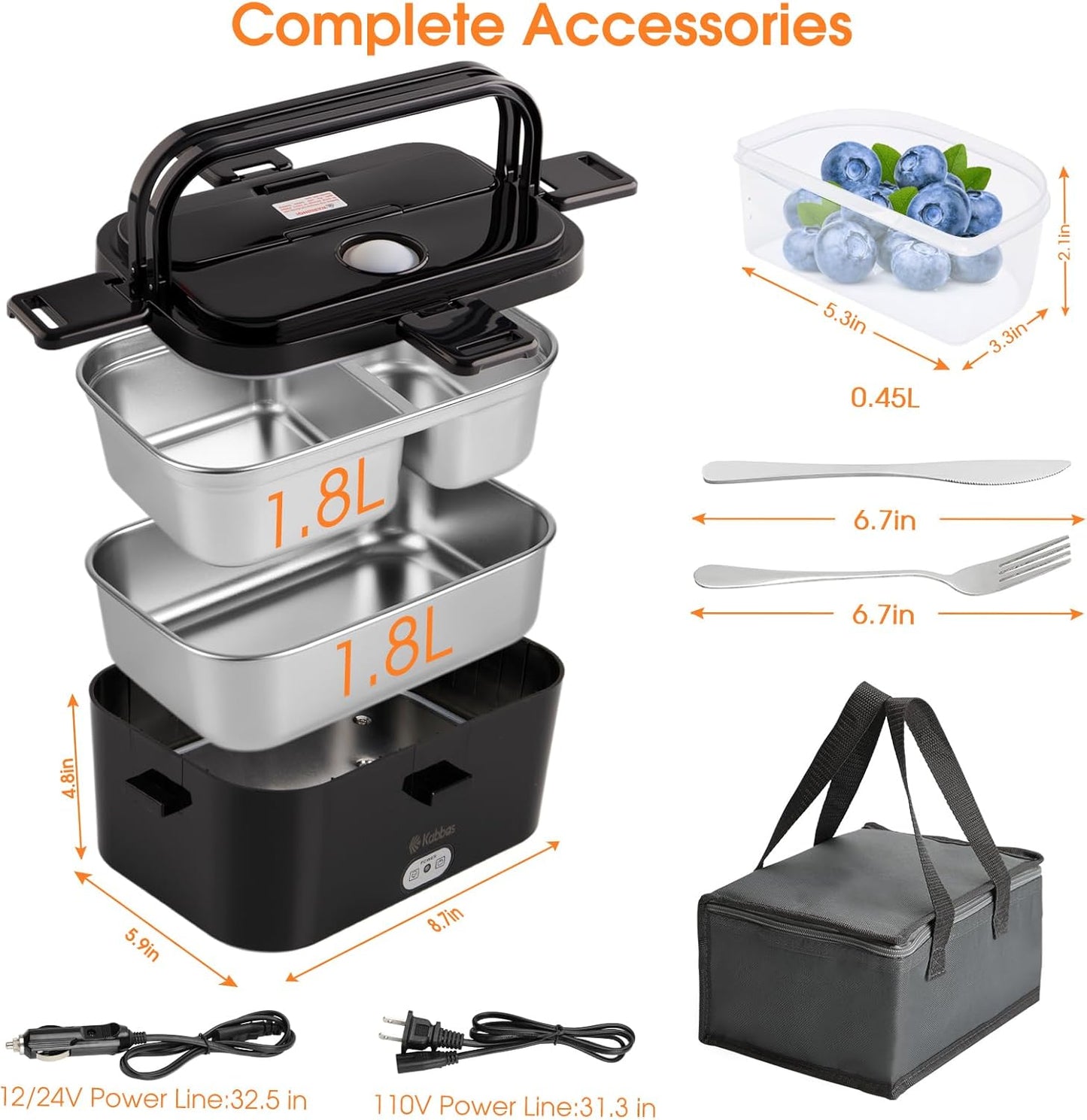 Kabbas 1.8L Portable Electric Lunch Box for Adults, 100W Heated Lunch Box for Men with Removable Dual Container, Fast Heating Food Warmer, 12V/24V/110V for Car Truck Office lonchera eléctrica portátil