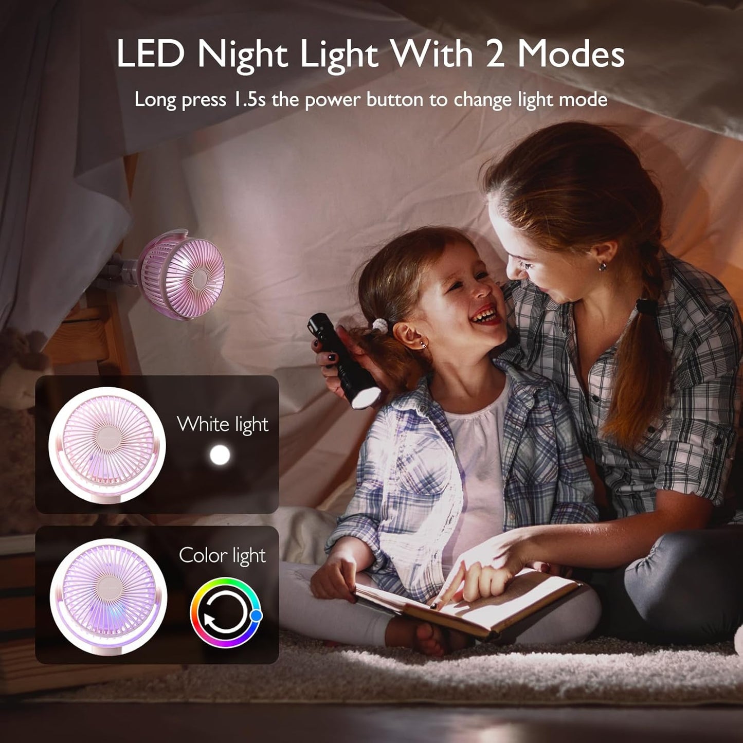 Momcozy Portable Stroller Fan, 27H Ultra-long Battery Life, Detachable 4 Speed 360°Rotate, LED Night Light with 2 Modes, USB Rechargeable and Handheld Cooling Fan for Travel, Car Seat