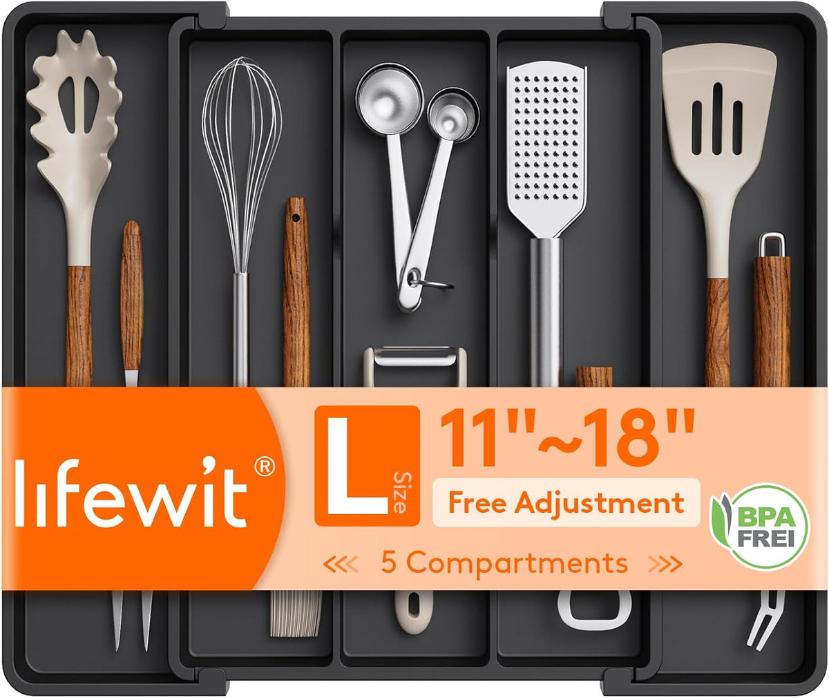 Expandable Cooking Utensil Drawer Organizer, Adjustable 5-Compartment Cutlery and Flatware Tray for Kitchen Drawers, Black - PuriLite