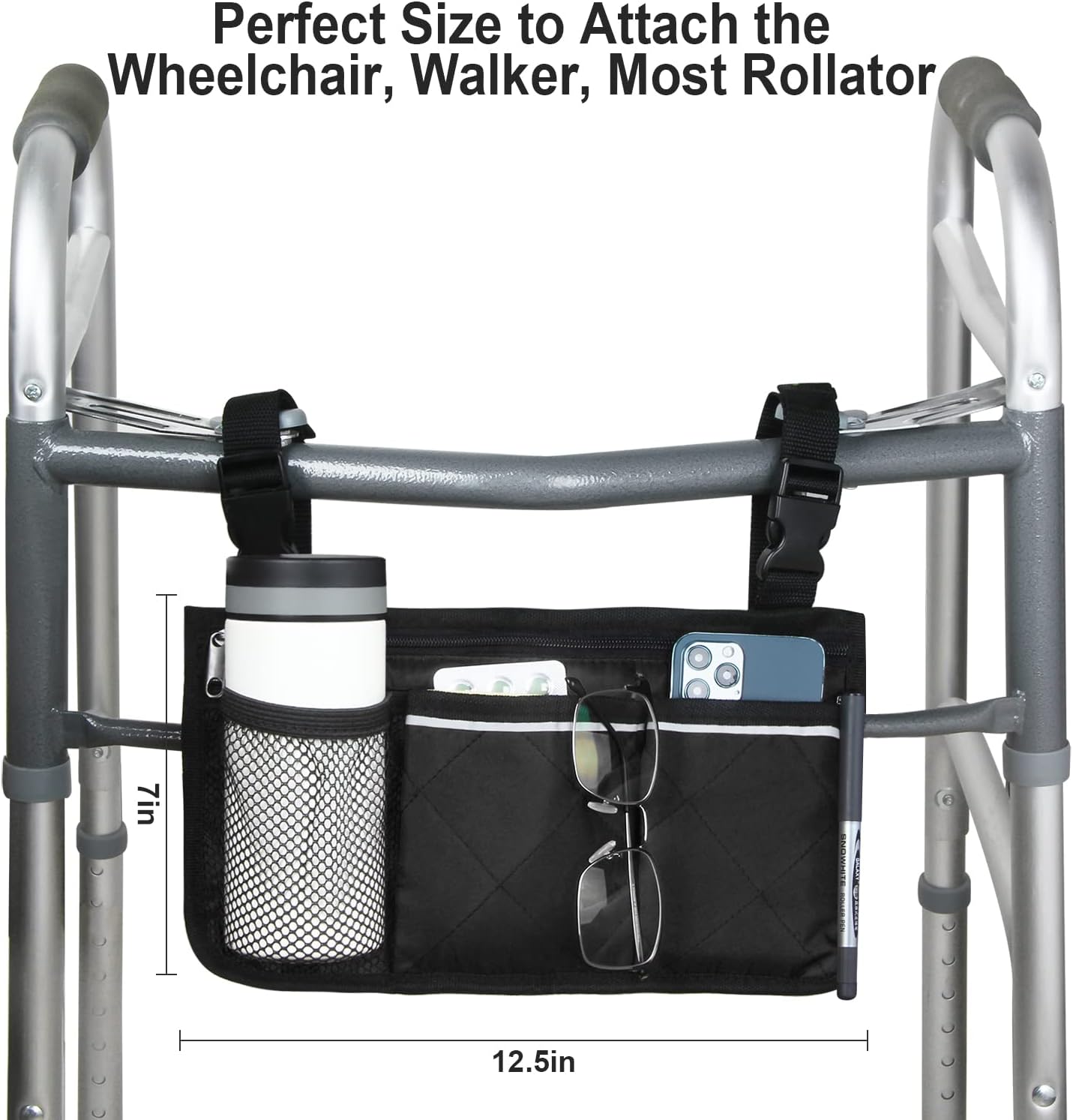 Wheelchair Side Bag, Wheelchair Armrest Storage Pouch with Cup Holder and Reflective Strip for Wheelchairs, Walkers or Rollators (Black)