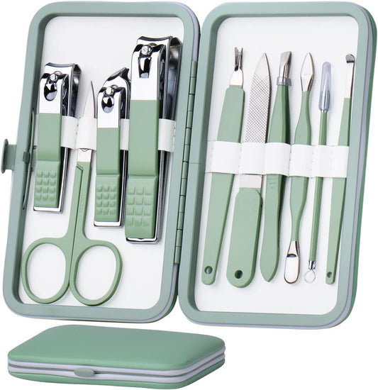 HANTEKAS Manicure Set 10 in 1 Stainless Steel, Nail Clippers Scissors Pedicure Tools Kit - Portable Travel Grooming Kit for Men and Women with Leather Case (Jade Green)