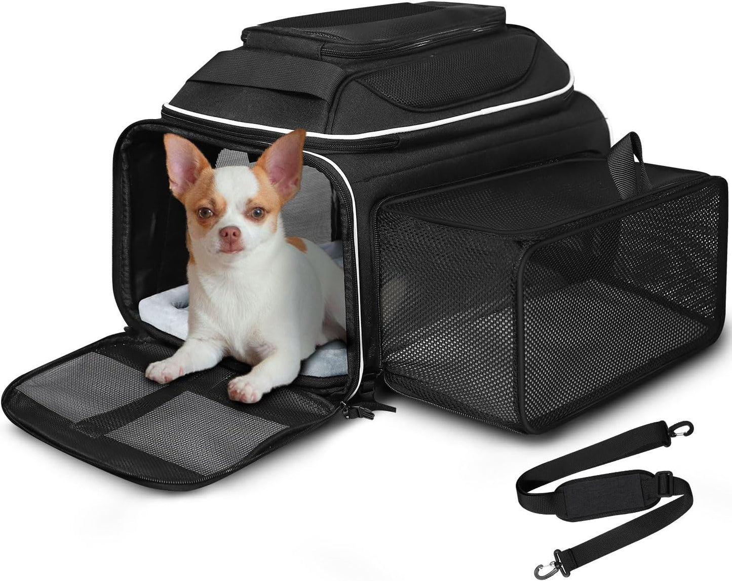 Petskd Top and Side Expandable Pet Carrier 17x12x8.5 Inches JetBlue Frontier Spirit Airline Approved, Soft-Sided Carrier for Small Cats and Dogs with Locking Safety Zipper and Anti-Scratch Mesh(Black)