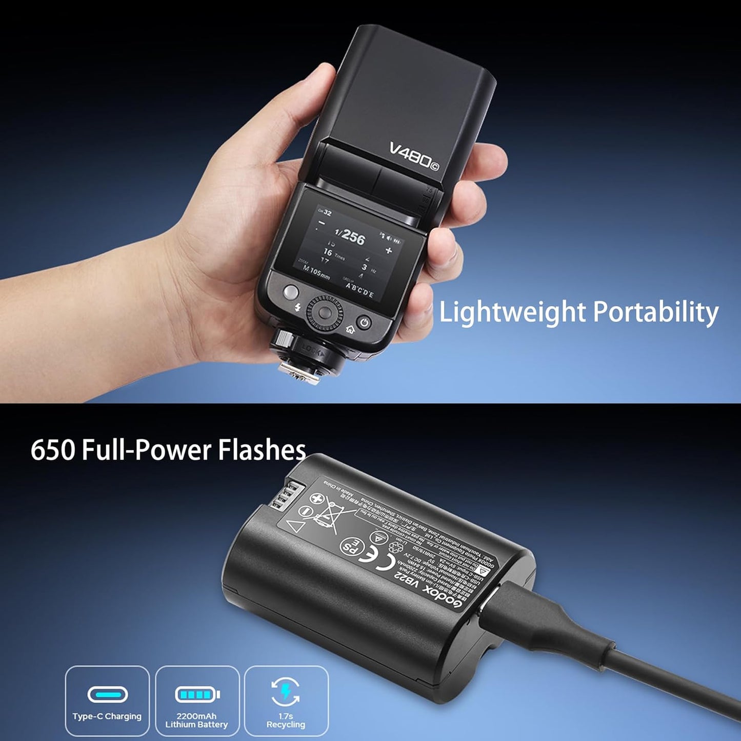 GODOX V480 TTL Camera Flash with GN50,2.4GHz Wireless Speedlight,with Rechargeable Battery (for Canon)
