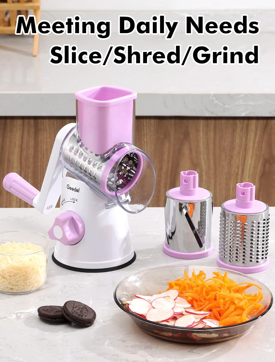 Geedel Kitchen Cheese Grater, Rotary Mandoline Vegetable Slicer with Interchangeable Blades, Easy to Use Rotary Grater Slicer for Fruit, Vegetables, Nuts