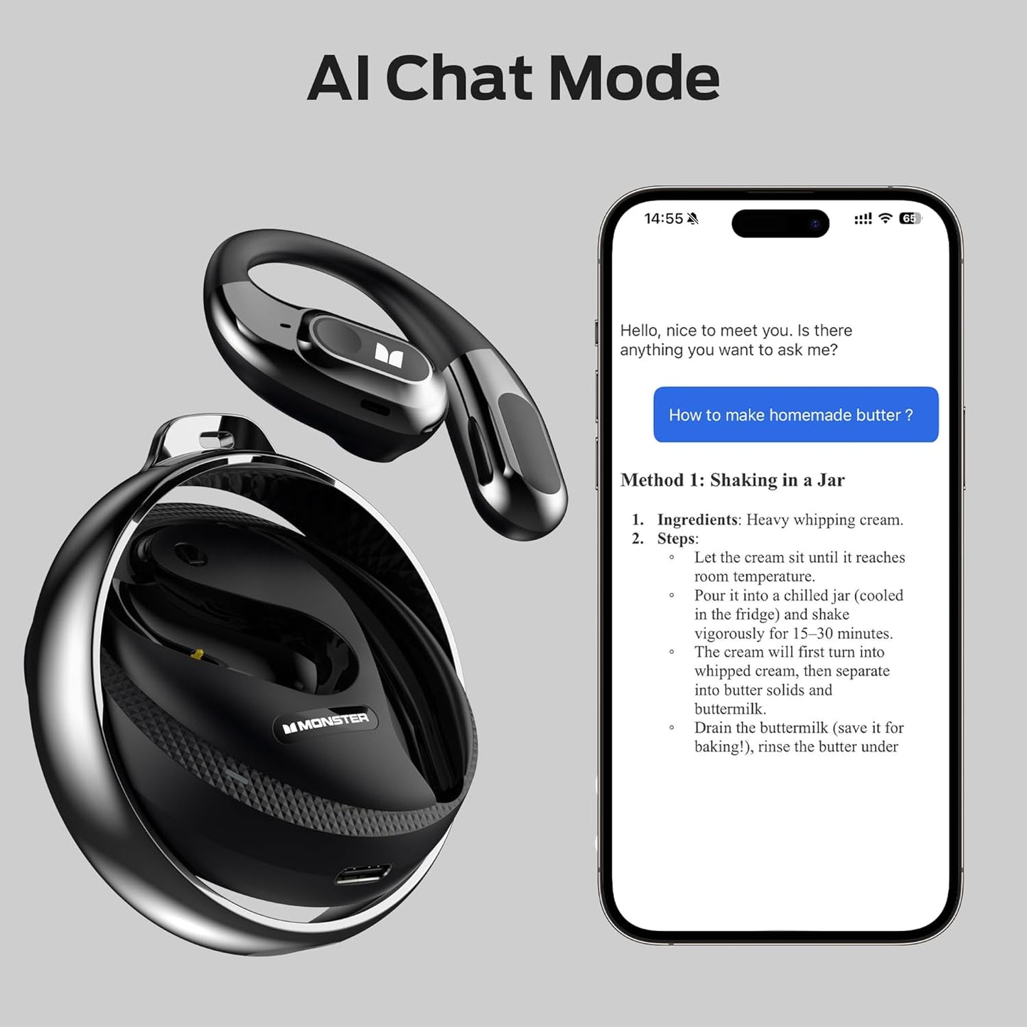Monster AI Translation Earbuds AC330, 3-in-1 Translator Earbuds Bluetooth 6.0, Wireless Open Ear Headphones with 115 Languages Real-Time Translation, Stylish Rotating Case with Lanyard, Black
