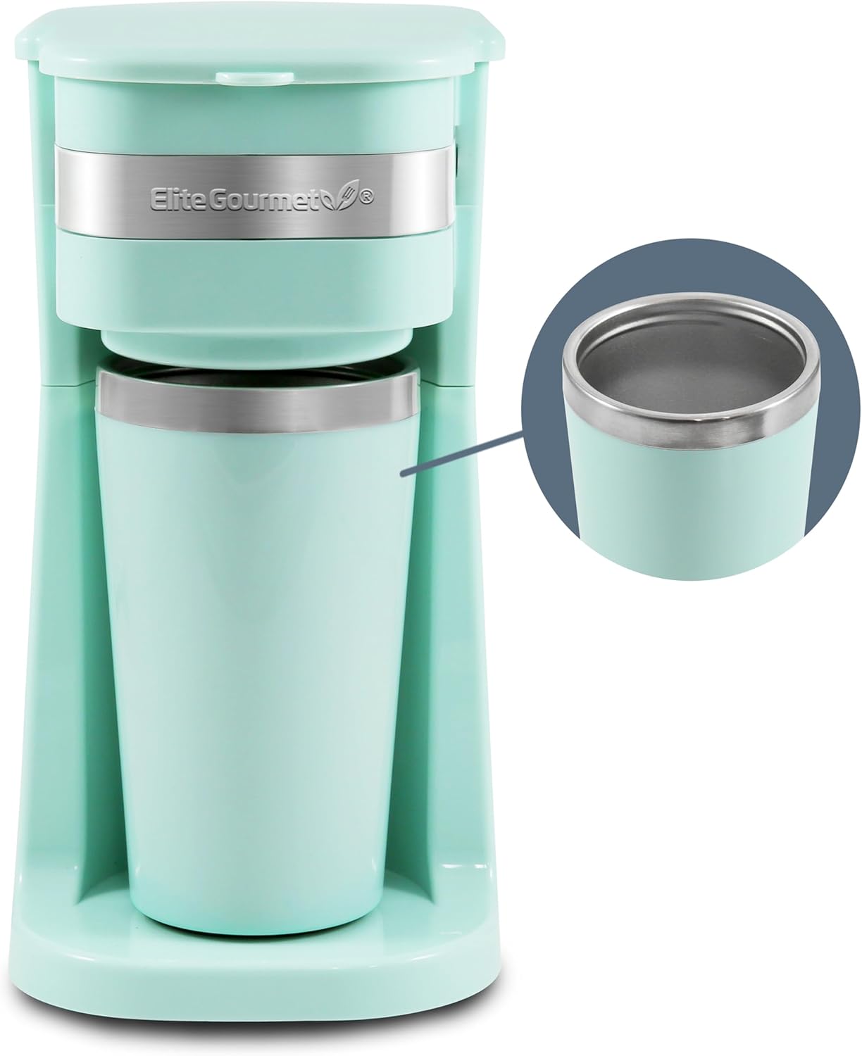 Elite Gourmet EHC113M Personal Single-Serve Compact Coffee Maker Brewer Includes 14Oz. Stainless Steel Interior Thermal Travel Mug, Compatible with Coffee Grounds, ReCaable Filter, Mint