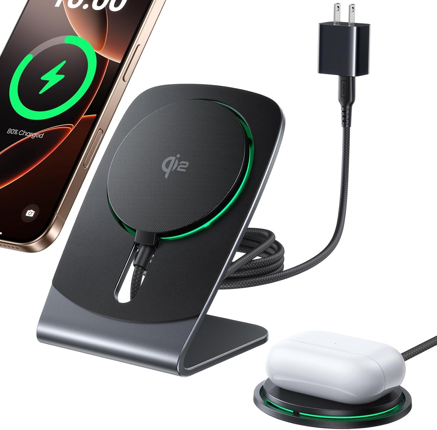 INIU Wireless Charger, 15W Fast Charging Magnetic Wireless Charger Stand, Travel Essential Wireless Charging Station with Sleep-Friendly Adaptive Light, for iPhone 16/15/14/13/12 Series, Airpods