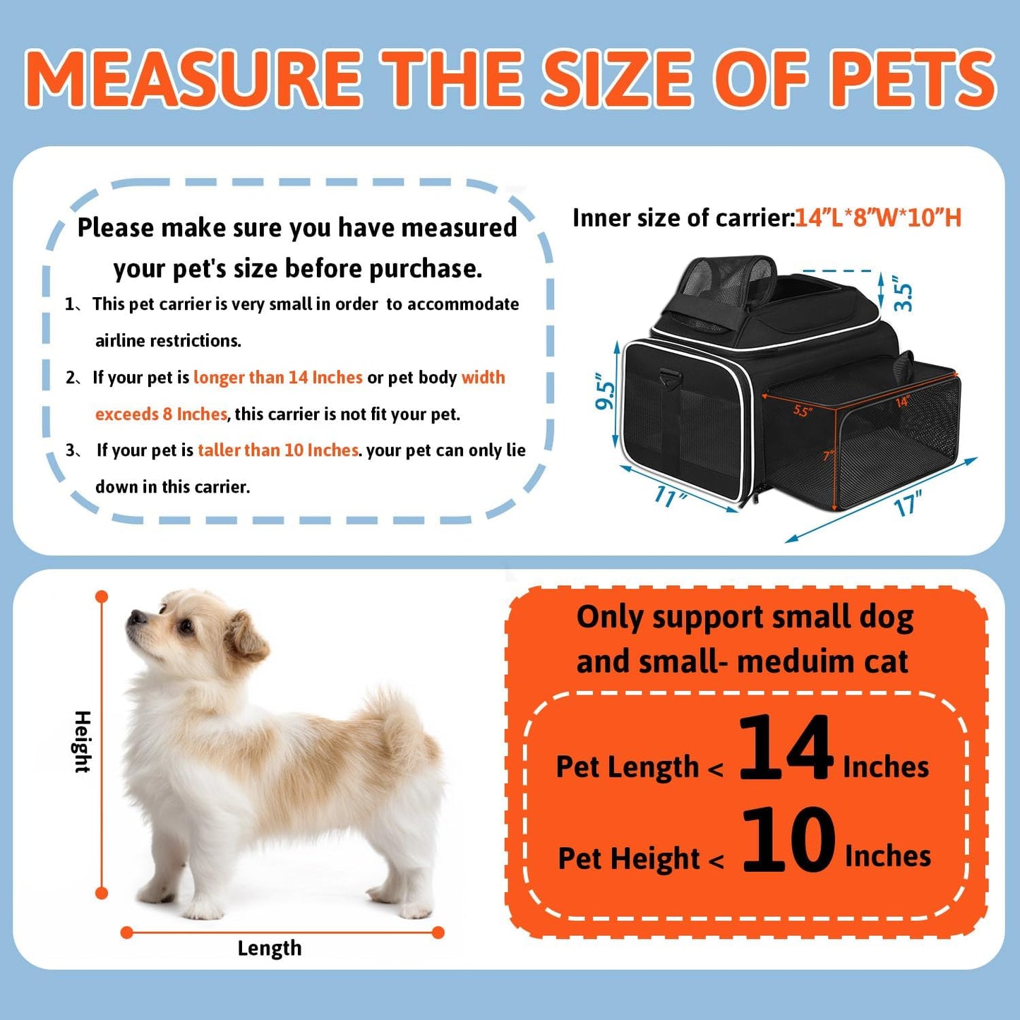 Petskd Top and Side Expandable Pet Carrier 17x12x8.5 Inches JetBlue Frontier Spirit Airline Approved, Soft-Sided Carrier for Small Cats and Dogs with Locking Safety Zipper and Anti-Scratch Mesh(Black)