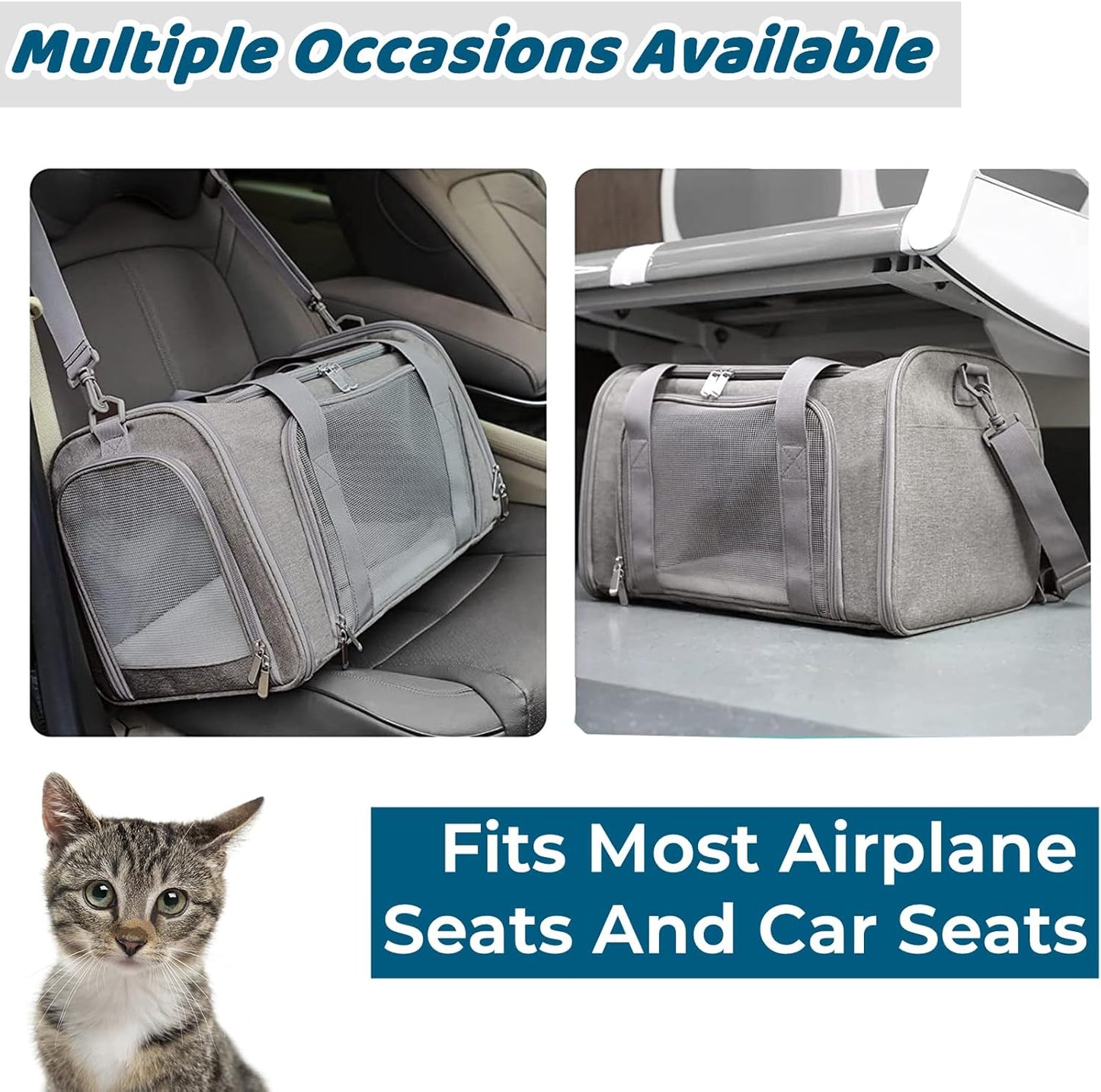 ORYEDA Cat Carrier Bag, Dog Travel Carriers, Airline Approved Soft-Sided Pet Carrier for Small Medium Cats and Small Dogs, Portable Carrier with 4 Open Doors and 3 Mesh Windows, Grey, Collapsible
