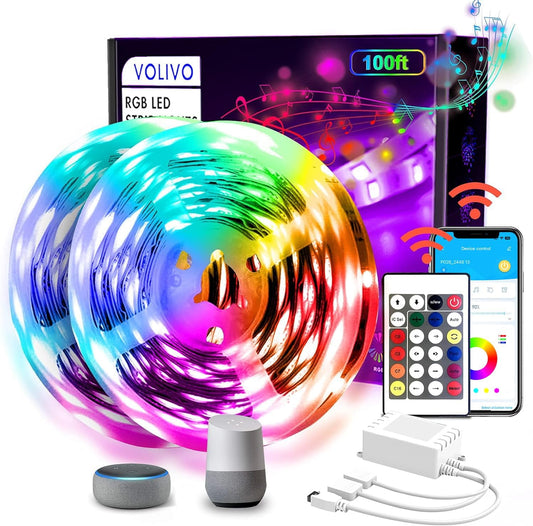Volivo 100 FT WiFi Led Strip Lights Compatible with Alexa and Google Assistant, 2 Rolls of 50ft RGB Led Light Strip, Music Sync Color Changing Lighting for Bedroom, Home, Kitchen, Party Decors