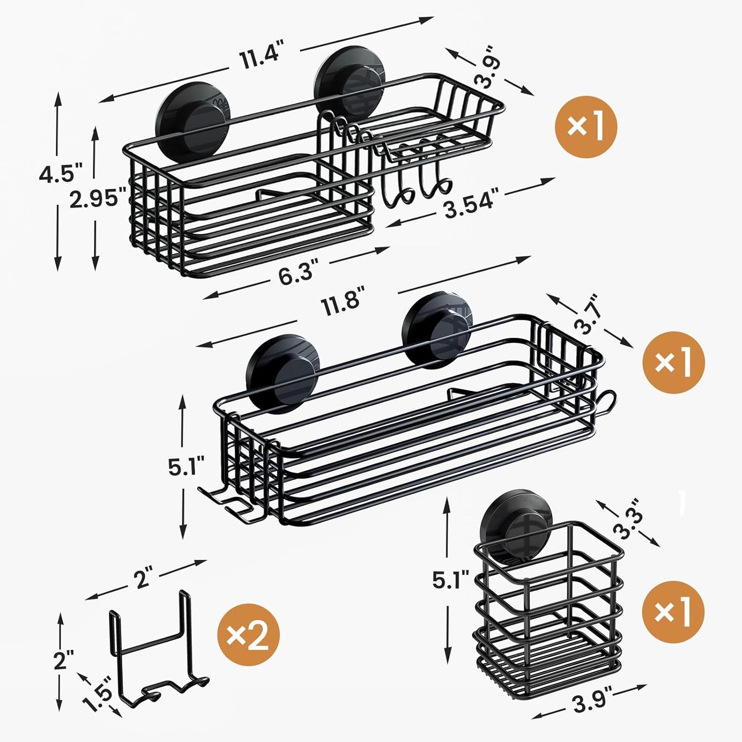 LEVERLOC Shower Caddy Suction Cup, 2 Pack Black Shower Shelf with Hooks and Soap Holder, NO-Drilling Bathroom Organizer, Rustproof Metal Bathroom Storage and Organization
