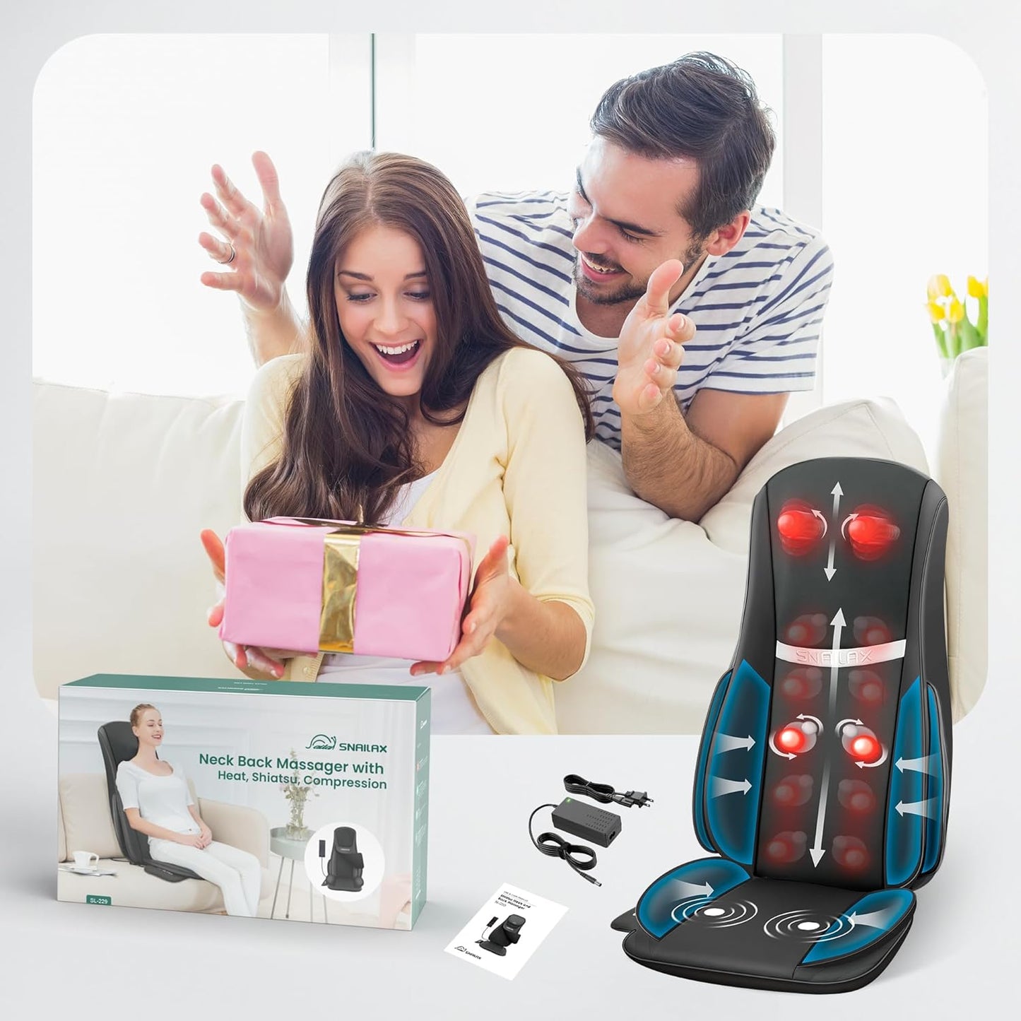 Snailax Shiatsu Neck and Back Massager with Heat Compression, Electric Massage Chair Pad for Neck Back, Massage Chair Full Body for Home Office Use, Gifts for Men, Women