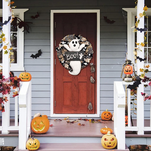 Dysetcs 15.7in Halloween Wreath for Front Door Cute Handmade Halloween Ghost Wreath Artificial Halloween Wreath for Front Door Window Wall Halloween Hanging Decoration,Black - PuriLite