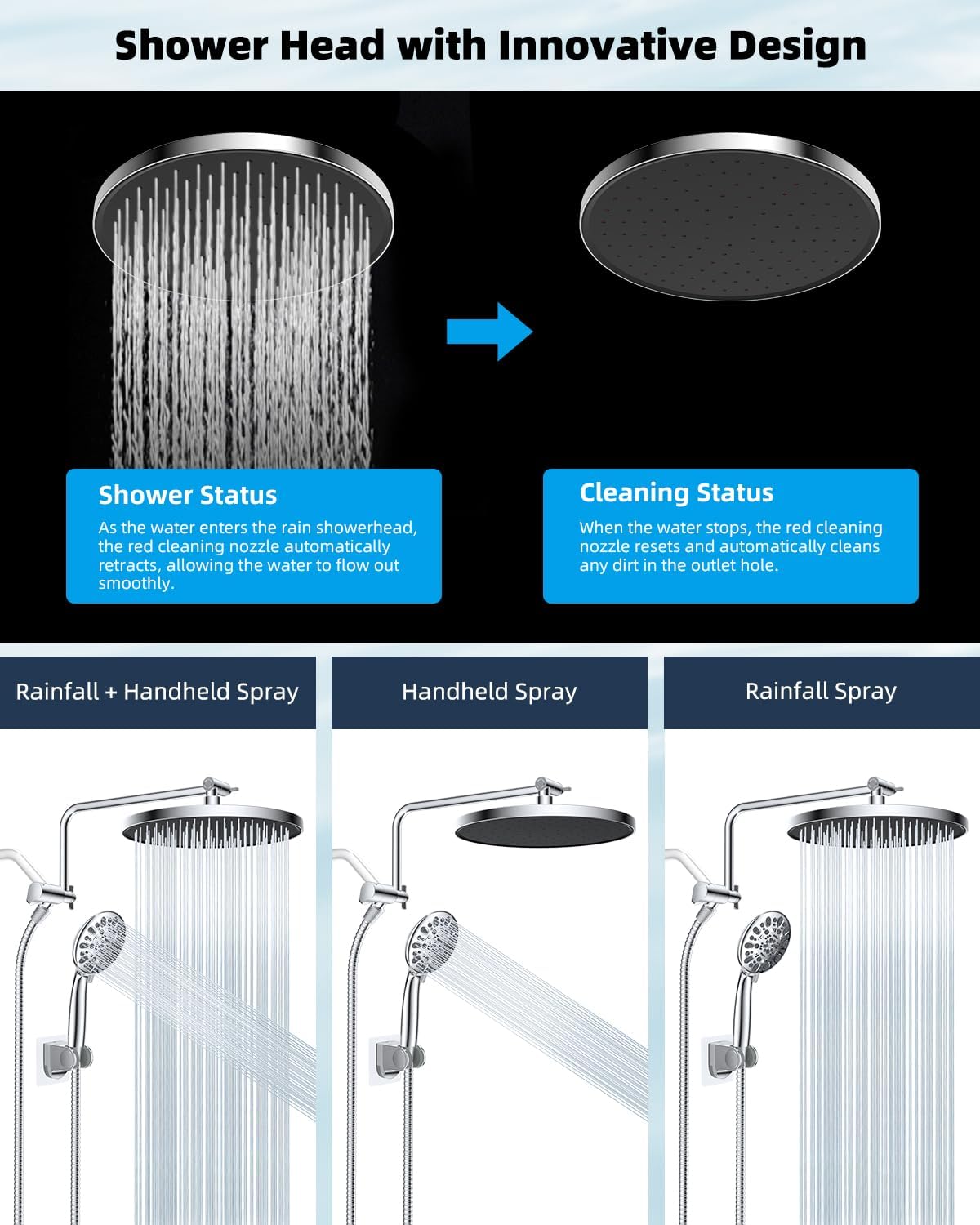 Metal Thickness Shower Head, 10'' High Pressure Rainfall Shower Head/Handheld Showerhead Combo with 12'' Adjustable Shower Extension Arm, 7-Spray, 71'' Hose, Showerhead Holder, Matte Black