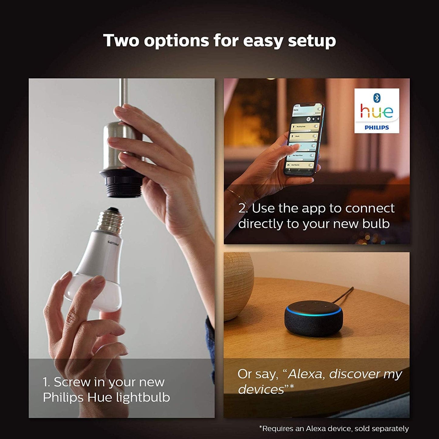 Philips Hue White and Colour Ambiance A19 E26 LED Smart Bulb, Bluetooth & Zigbee Compatible (Hue Hub Optional), Works with Alexa & Google Assistant A Certified for Humans Device (562785),3 Pack