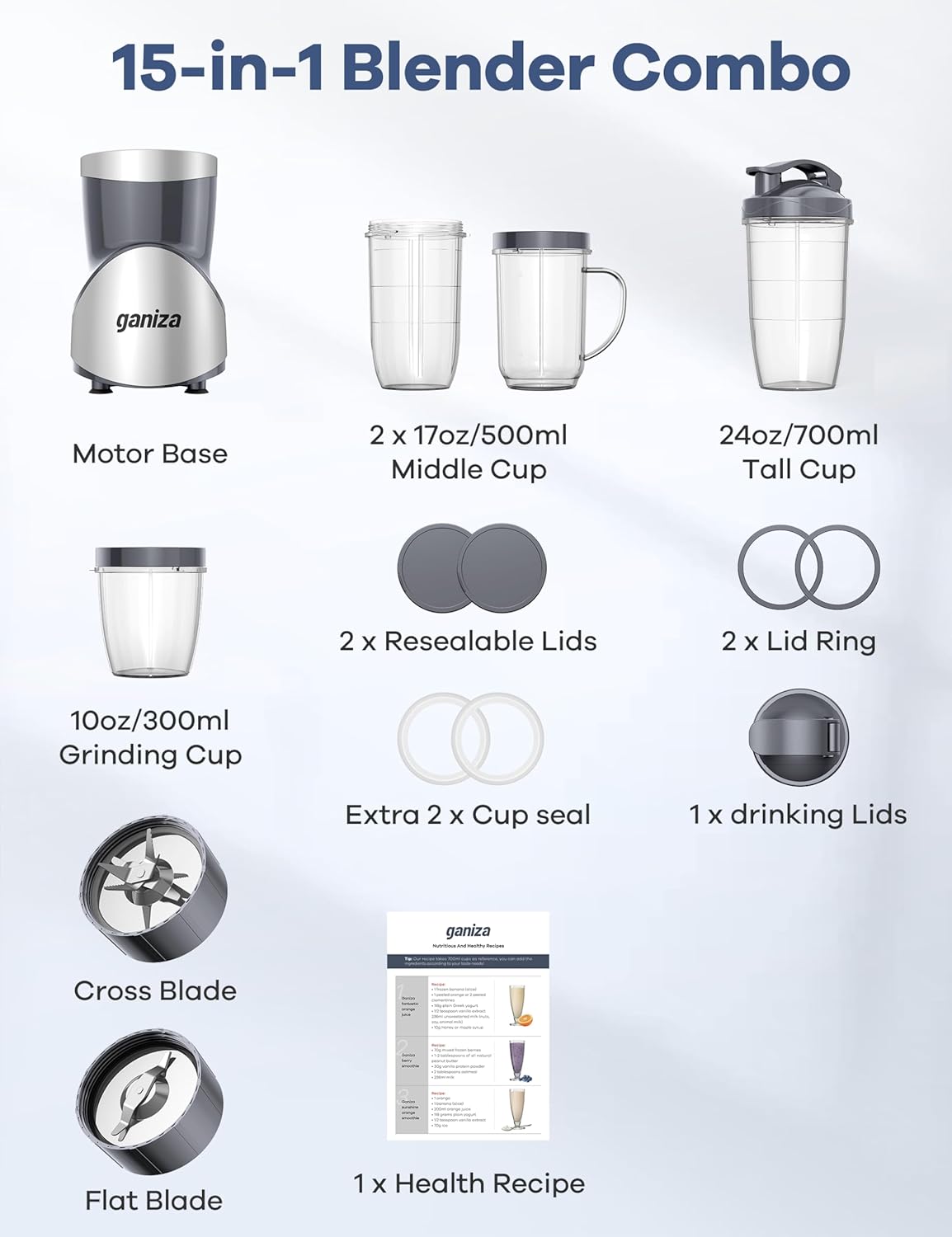Smoothie Blender, Ganiza Blenders for Smoothies with 15-Piece Blender and Grinder Combo, 4 BPA-Free Personal Blender Cup, for Shakes, Protein Drinks, Fruit Vegetable Drink, Nuts, Spices, Coffee Beans
