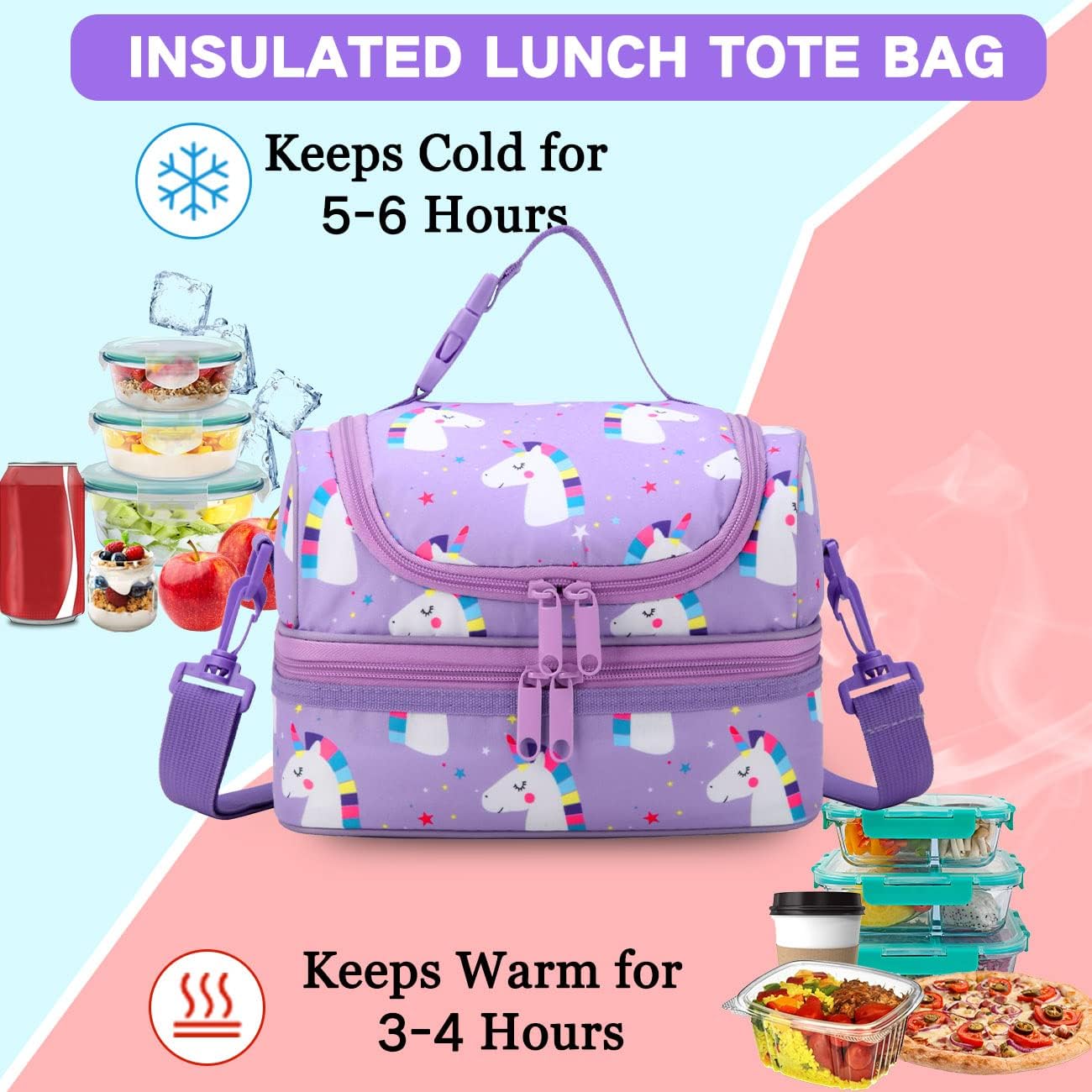 VASCHY Lunch Box Bag Men, Insulated Two Compartments Bento Cooler Bags for Adults/Women/Kids for School,Daycare,Kindergarten,Picnic Black