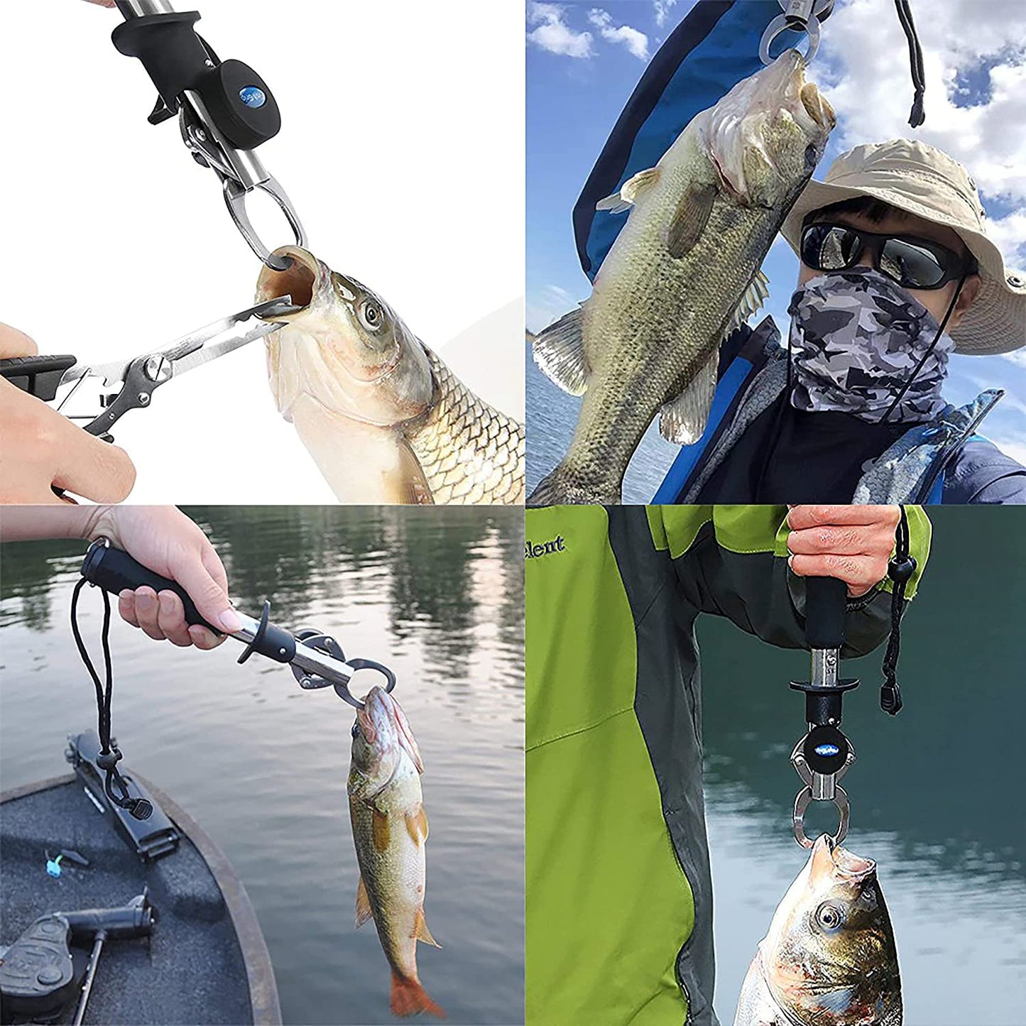 Fish Lip Gripper With Scales - Portable Stainless Steel Holder and Grabber Tool - 40 Pound Capacity With Weight Scale, Ruler and Lanyard
