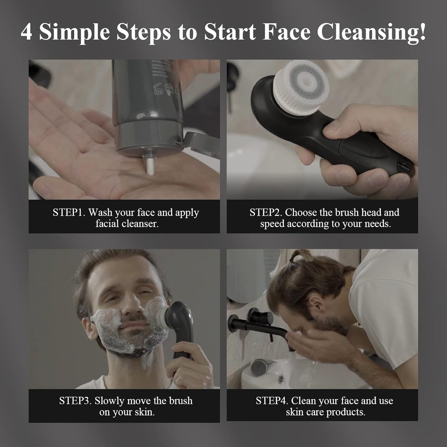 TOUCHBeauty Facial Cleansing Brush Electric, Face Cleansing Brush with Stand, 3 Brush Heads, 2 Speeds, IPX5 Waterproof, Battery-Powered, Suitable for All Skin Types, AG-0759D, White