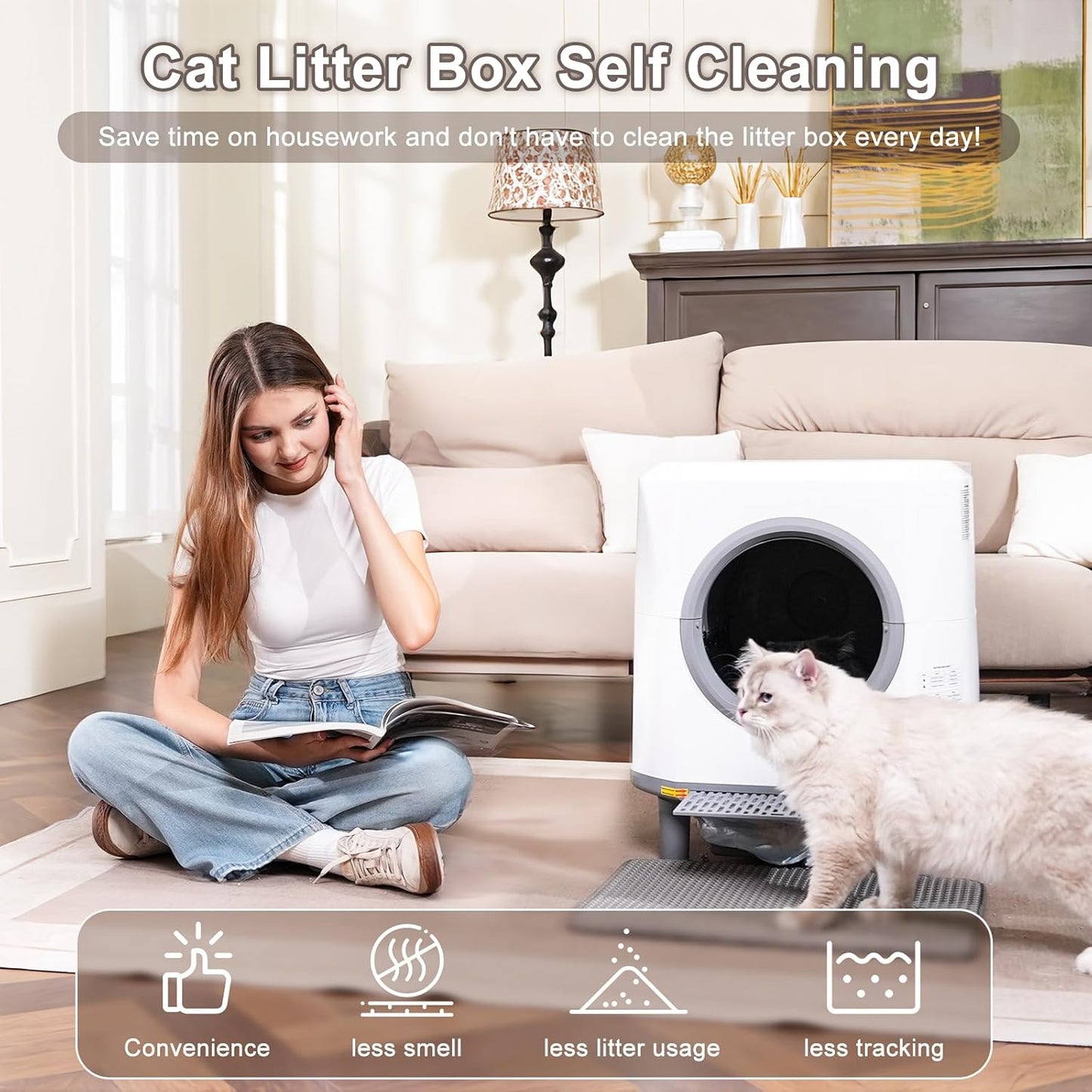 Automatic Cat Litter Box Ellenpent Self-Cleaning Litter Box with APP Control and Safety Sensor, 90L Large Capacity for Multiple Cats, Litiere Pour Chat Autonettoyant with 3 Rolls Poop Bags