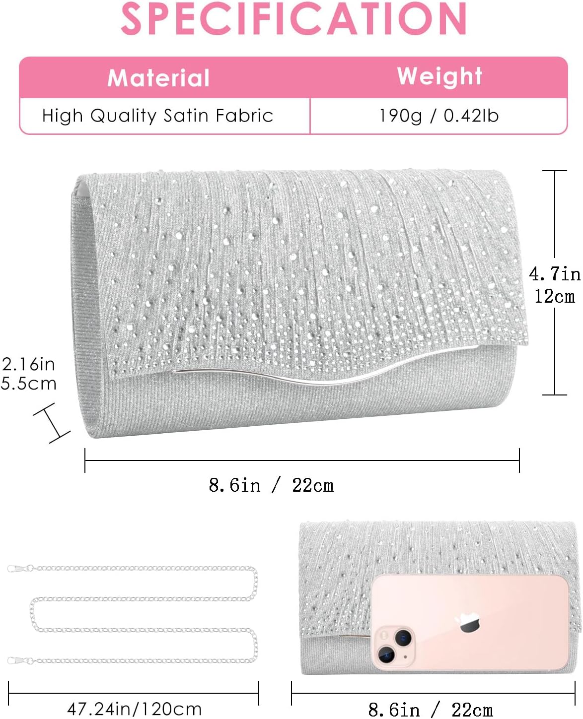 Formal Clutch Purses for Women Evening, Cocktail Clutch Bags Sparkling Shoulder Envelope Party Handbags