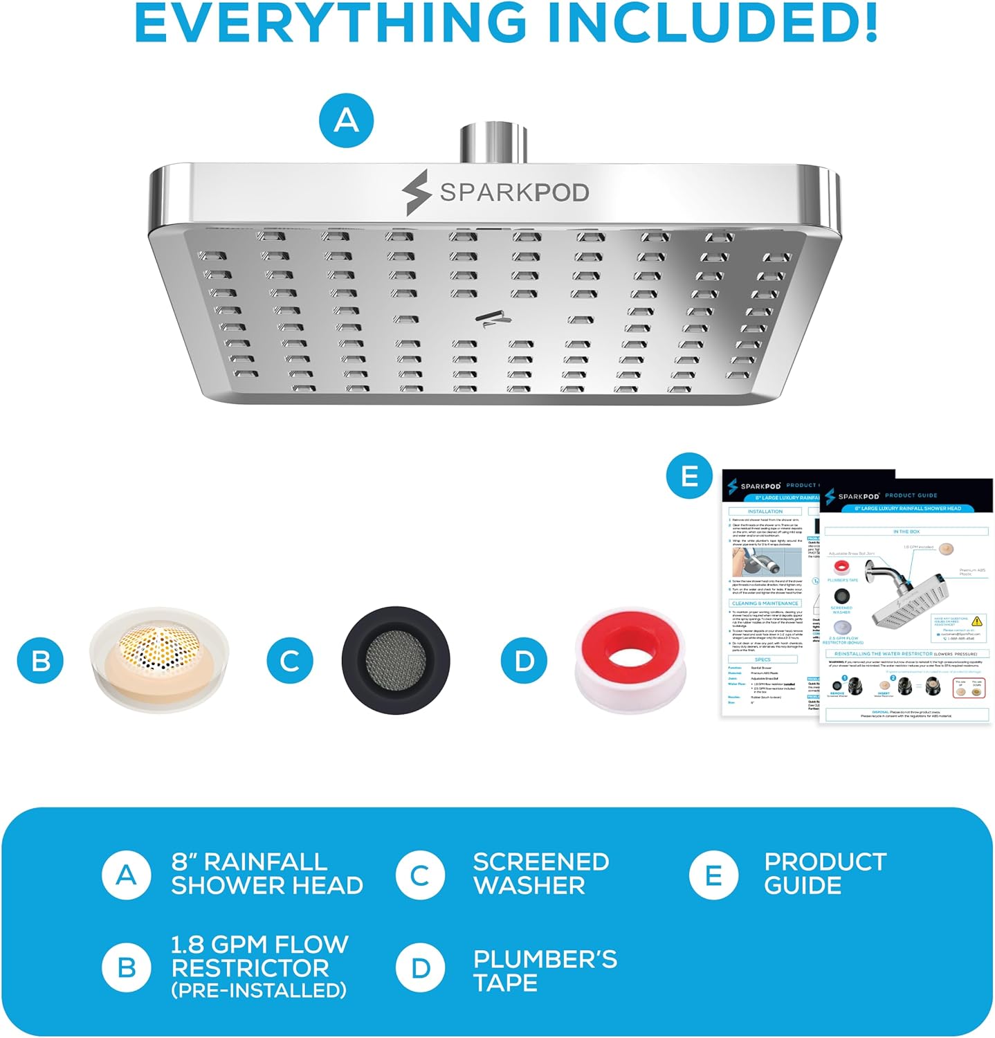 SparkPod Shower Head - High Pressure Rain - Premium Quality Luxury Design - 1-Min Install - Easy Clean Adjustable Replacement for Your Bathroom Shower Heads (Luxury Polished Chrome, 6 Inch Round)