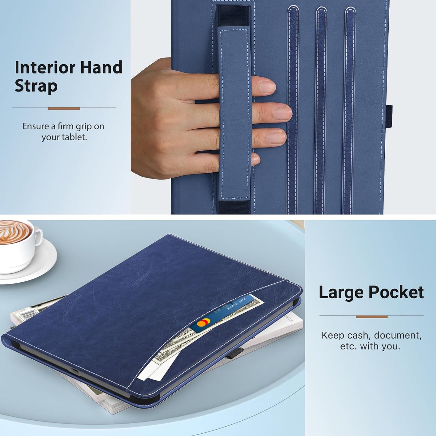 MoKo Case for Samsung Galaxy Tab A9 Plus 11" 2023 (SM-X210/SM-X216/SM-X218), PU Leather Multi-Angle Viewing Folding Stand Cover Case with Hand Strap, Front Pocket, Auto Wake/Sleep, Denim Blue & Brown
