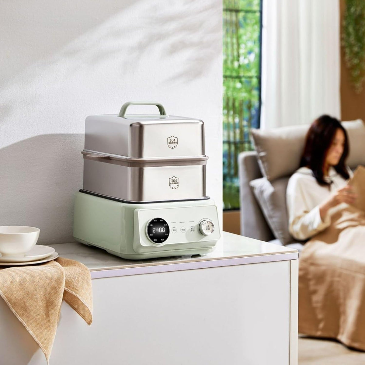 Electric Steamer Multi Layer Cooker Hot Pot Appliance Food Warmer Stainless Steel Trays 1200W With Digital Display Suitable for small gatherings, Stainless Steel Green, Canada 110V