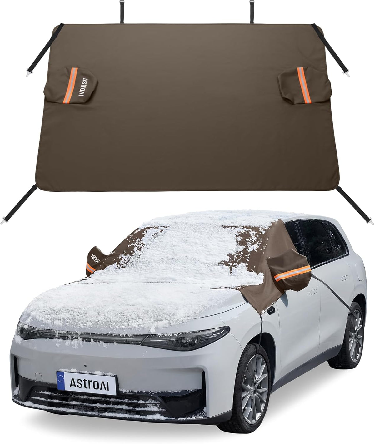 AstroAI Windshield Cover for Snow and Ice, 600D Oxford Fabric, Front Car Windshield Snow Cover, Winter Protection for Cars and Compact SUVs Wiper Mirror Protector Windproof Cover (Brown) - PuriLite
