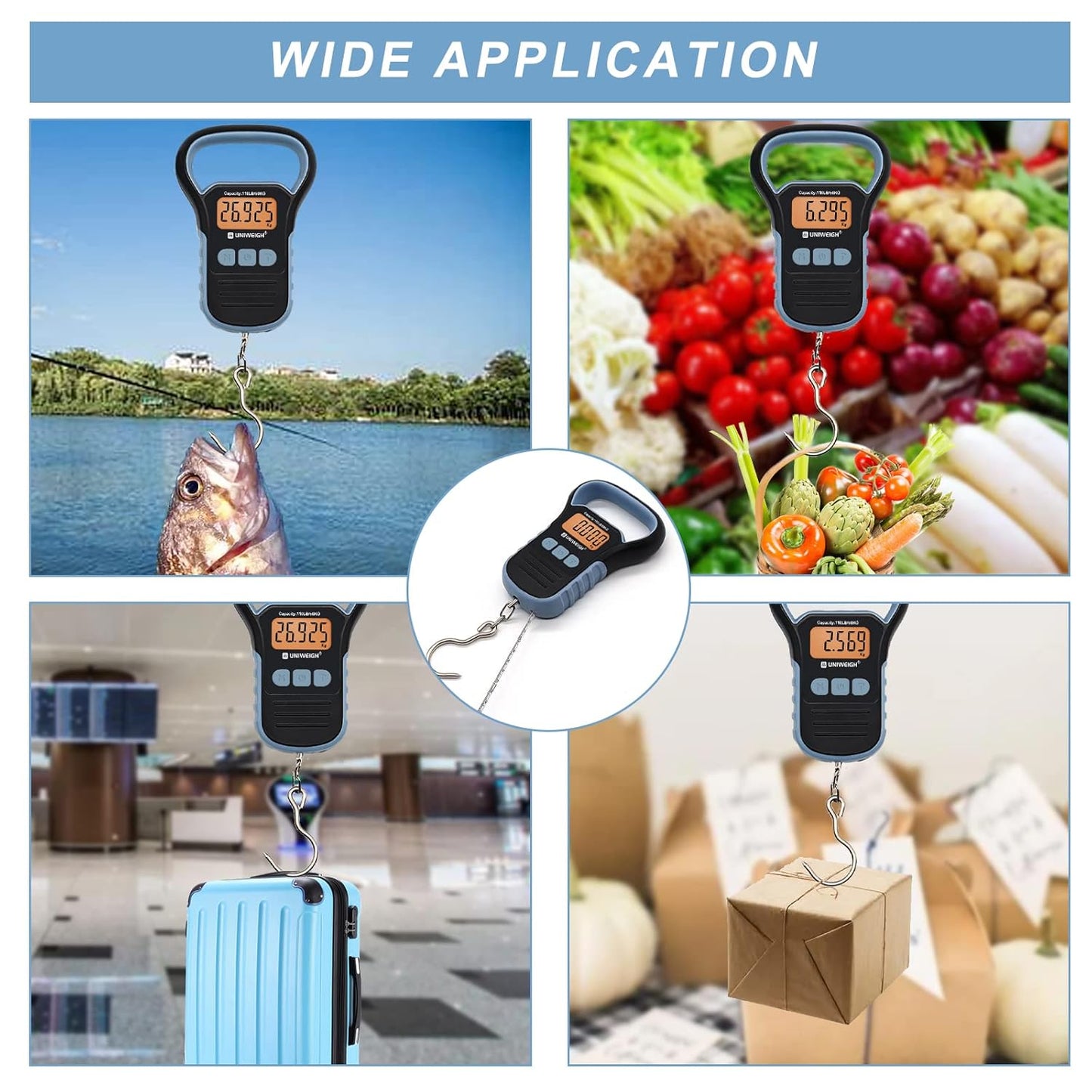 UNIWEIGH Digital Fish Scale Luggage Scale with Fish Lip Gripper, Backlight LCD Display 110lb/50kg Electronic Balance Digital Fishing Postal Hanging Hook Luggage Scale 2 AAA Batteries Included