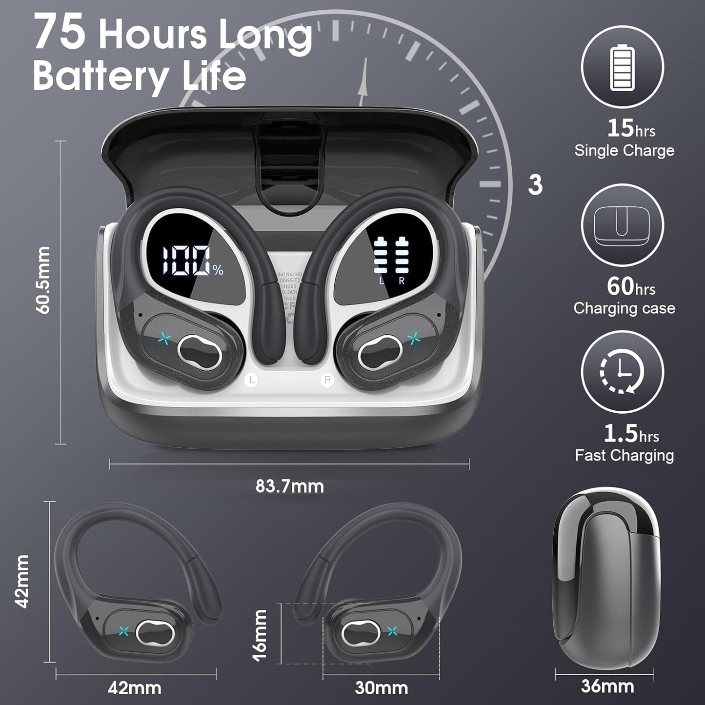 STECEi Wireless Earbuds 75hrs Bluetooth 5.4 Headphone Sport, Bluetooth Earbuds HiFi Stereo Over Ear Bud with Earhooks, ENC Noise Cancelling Mic, IP7 Waterproof Wireless Earphone for Workout/Running - PuriLite