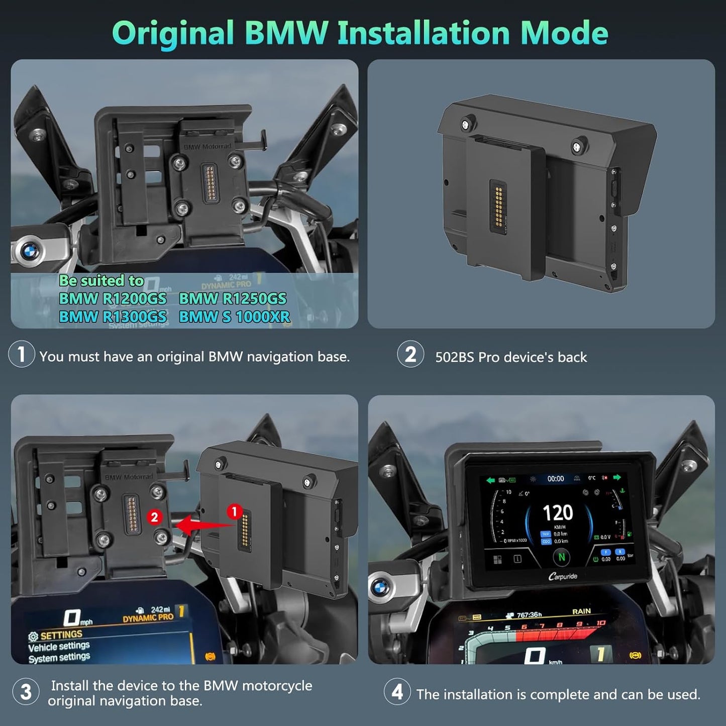 2025 CARPURIDE W702BS PRO for BMW Motorcycle CarPlay & Android Auto Dual Bluetooth, 7" Waterproof GPS Navigation Screen, Data Reading,Native Wonder, TPMS, Light Sensor, Music Sharing, Intercom, 16-Pin