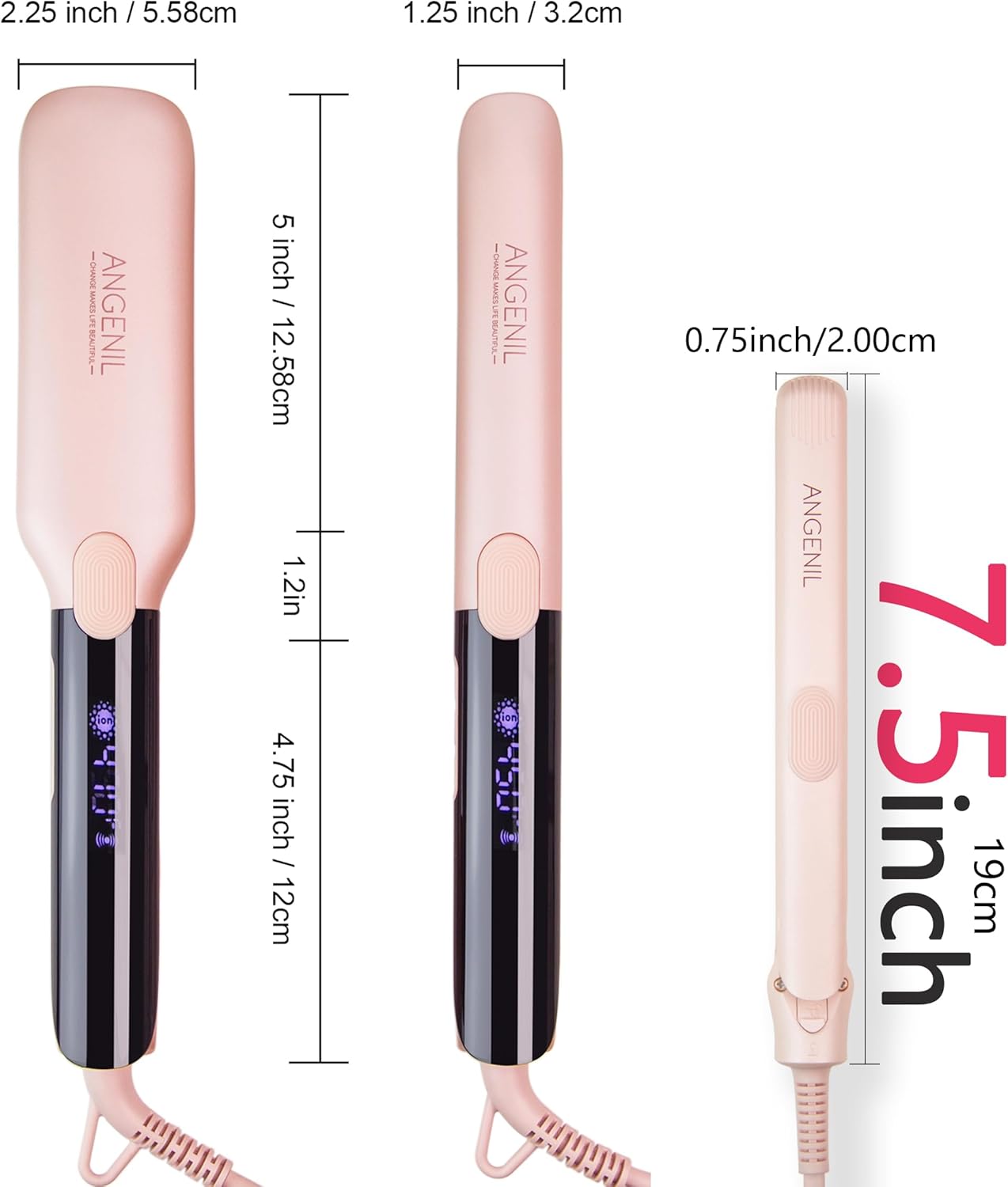 ANGENIL Pro Titanium Flat Iron Hair Straightener, Dual Voltage Straightening and Curling Iron in One, 15s Fast Heating, Negative Ion Round Pink Hair Straightener with Heat Resistant Silicone Mat Pad
