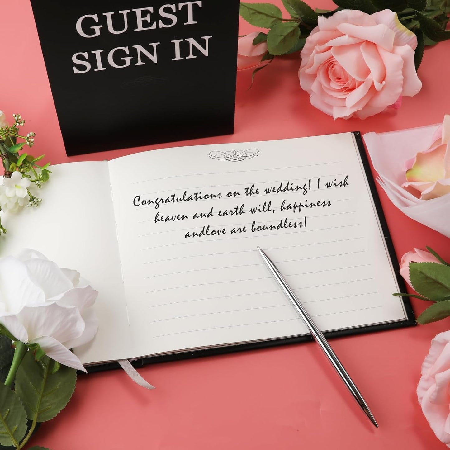 3pcs Wedding Guest Book Set, Romantic Wedding Guest Signature Book with Hard Cover Cherished Modern Script Wedding Book Blank Pages for Wedding Reception Special Events (Black)