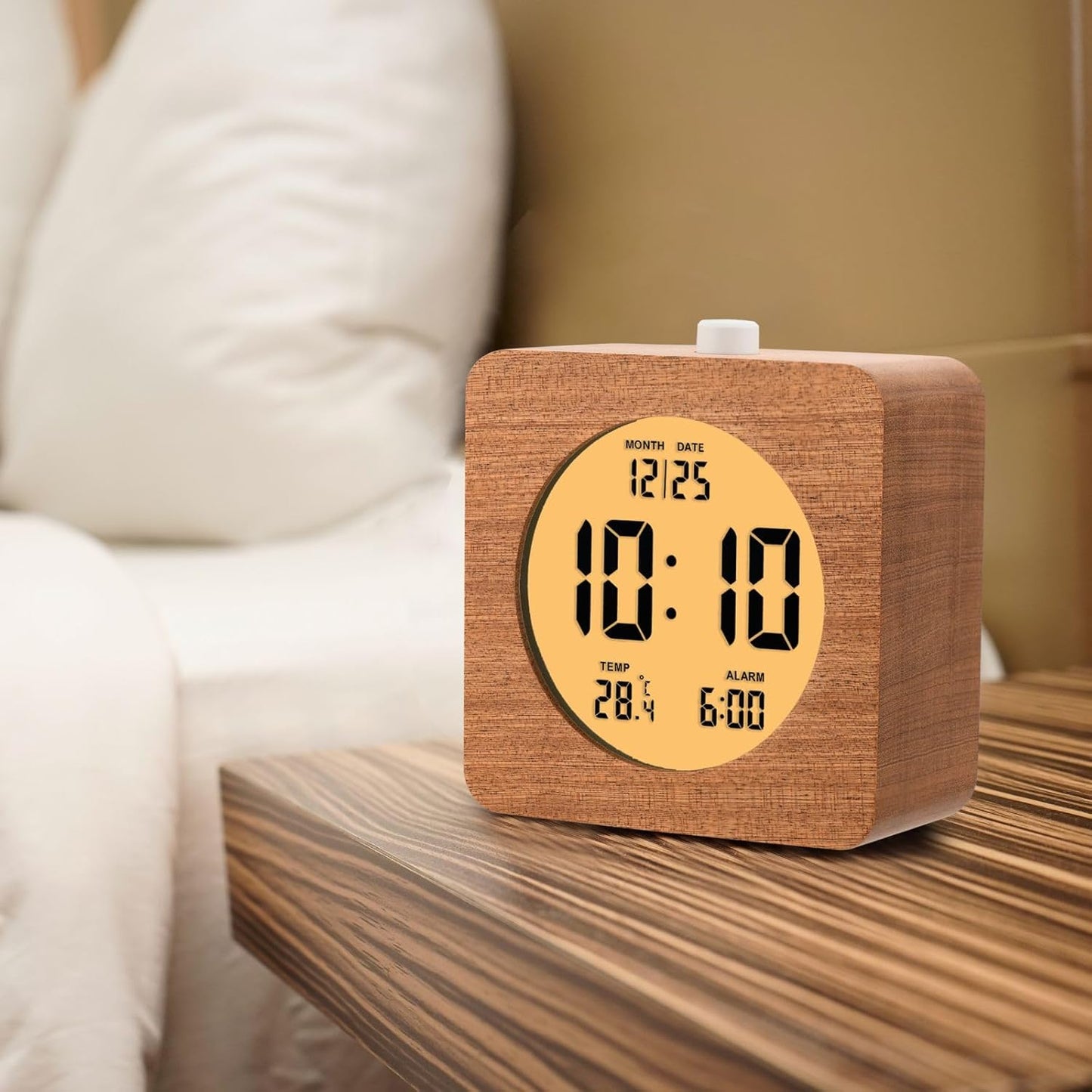 Plumeet Wooden Digital Alarm Clock for Bedrooms, Wood 4'' Battery Powered Alarm Clock with Snooze and Nightlight, Electronic LCD Desk Clock Display Time, Date, Temp, 12/24H, Wood Décor (Sapele, 3.2'')
