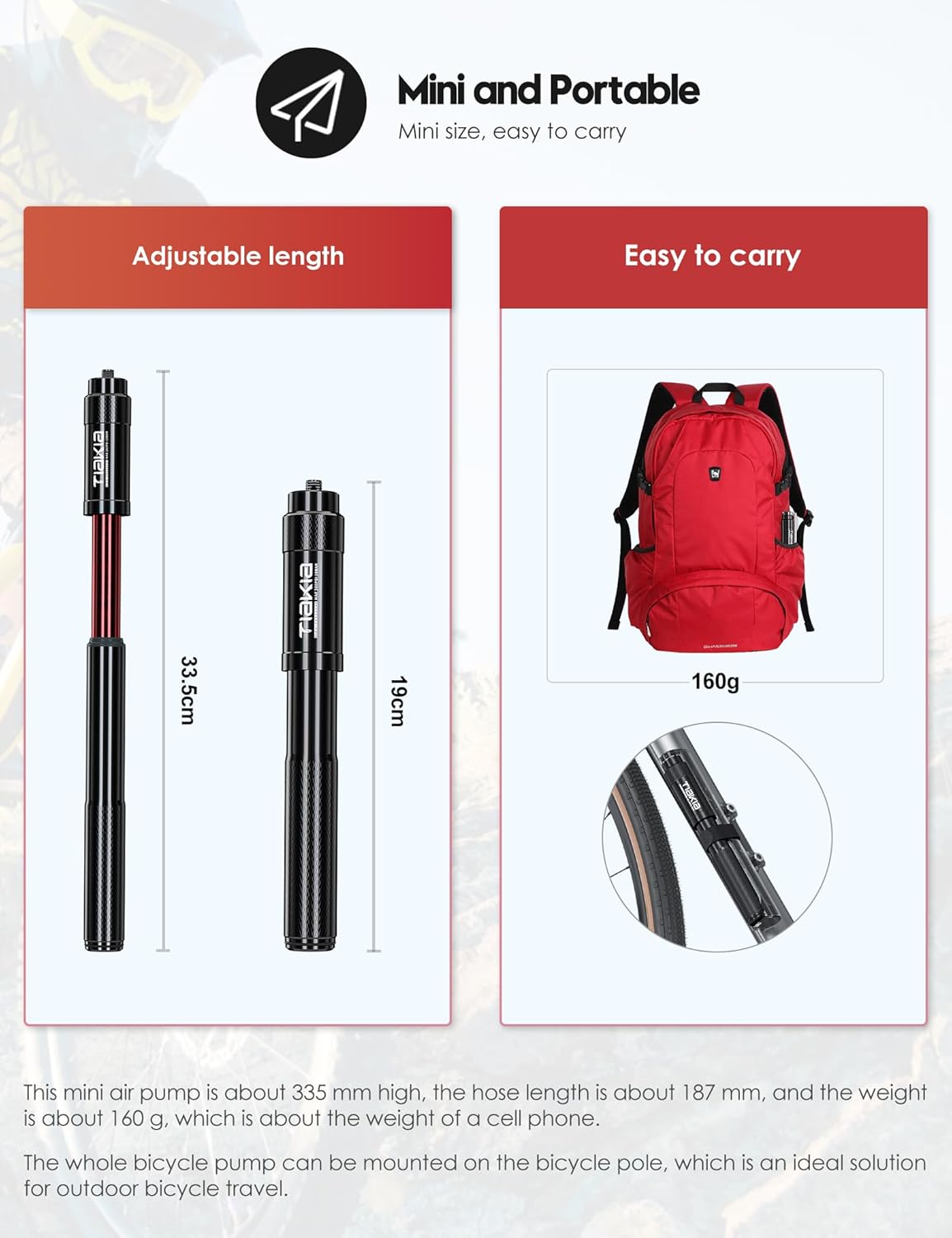 Tiakia Mini Bike Pump Portable Bicycle Pump Compact High Pressure Frame Pump 260PSI- Air Hand Pump Fit Presta, Schrader & Woods Valves,Aluminum Alloy Durable Tire Pump for Road/Mountain/BMX Bikes