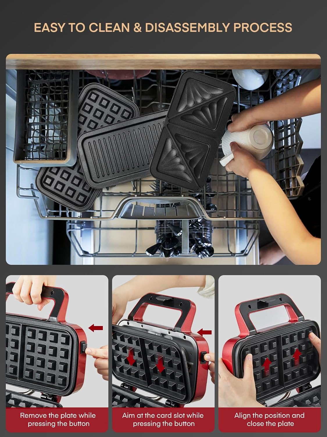 FOHERE 3-in-1 Waffle Maker, Sandwich Maker, Panini Press with Removable Plates, 5-Gear Temperature, LED Indicator Lights, Portable Handle, 1200W Belgian Electric Grill Cheese Machine