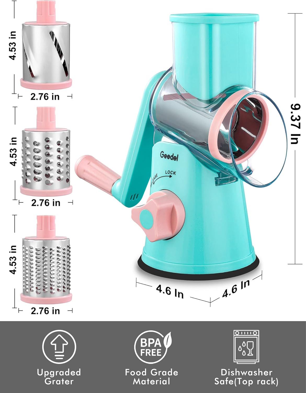 Geedel Kitchen Cheese Grater, Rotary Mandoline Vegetable Slicer with Interchangeable Blades, Easy to Use Rotary Grater Slicer for Fruit, Vegetables, Nuts