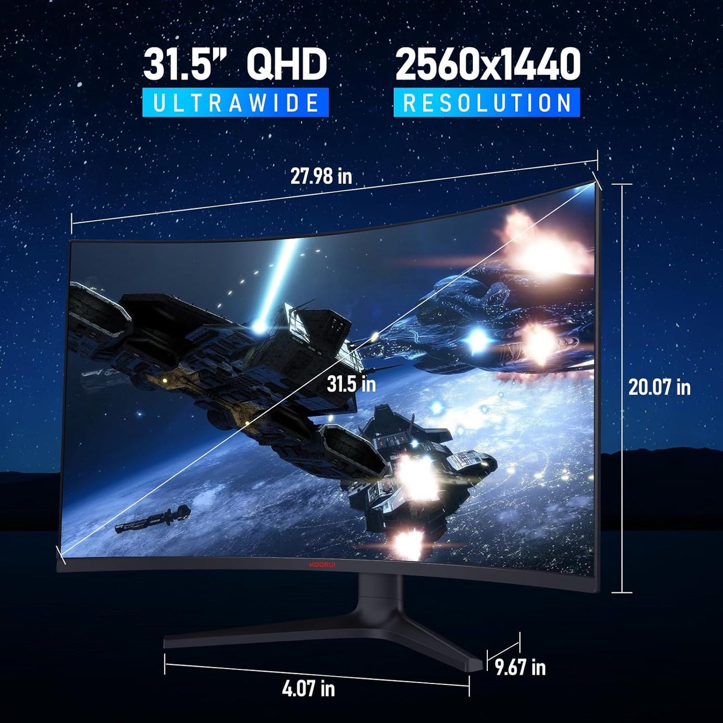 KOORUI 32 inch Curved Gaming Monitor - QHD (2560 x 1440) 2K Display, 170Hz 144Hz Monitors, 1500R Curvature, 1ms, HDR10, Adaptive Sync, Tilt Adjustable, DisplayPort HDMI, Black - 32E6QC