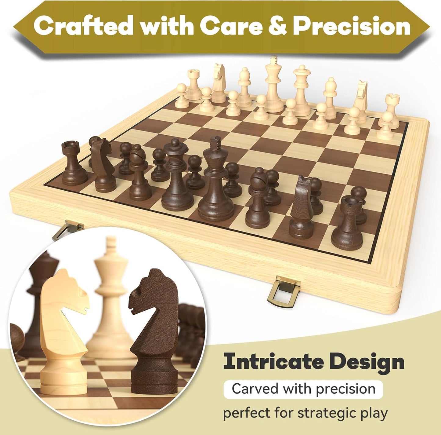 Puecrof 15" Wooden Folding Chess & Checkers Set – 2-in-1 Board Game with Staunton Chess Pieces, 3" King, Extra Queens, Classic Strategy Game for Adults & Kids - PuriLite
