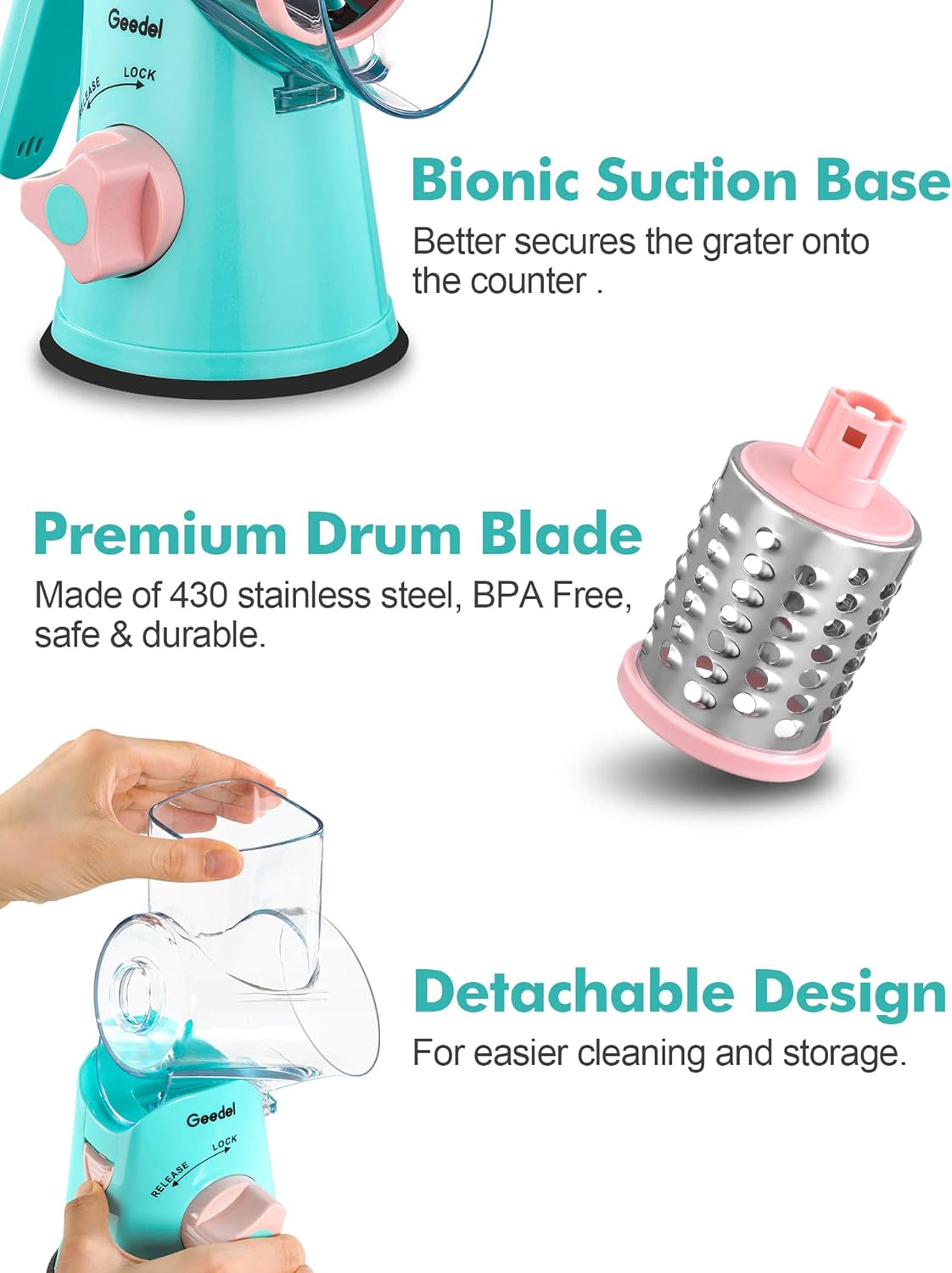 Geedel Kitchen Cheese Grater, Rotary Mandoline Vegetable Slicer with Interchangeable Blades, Easy to Use Rotary Grater Slicer for Fruit, Vegetables, Nuts