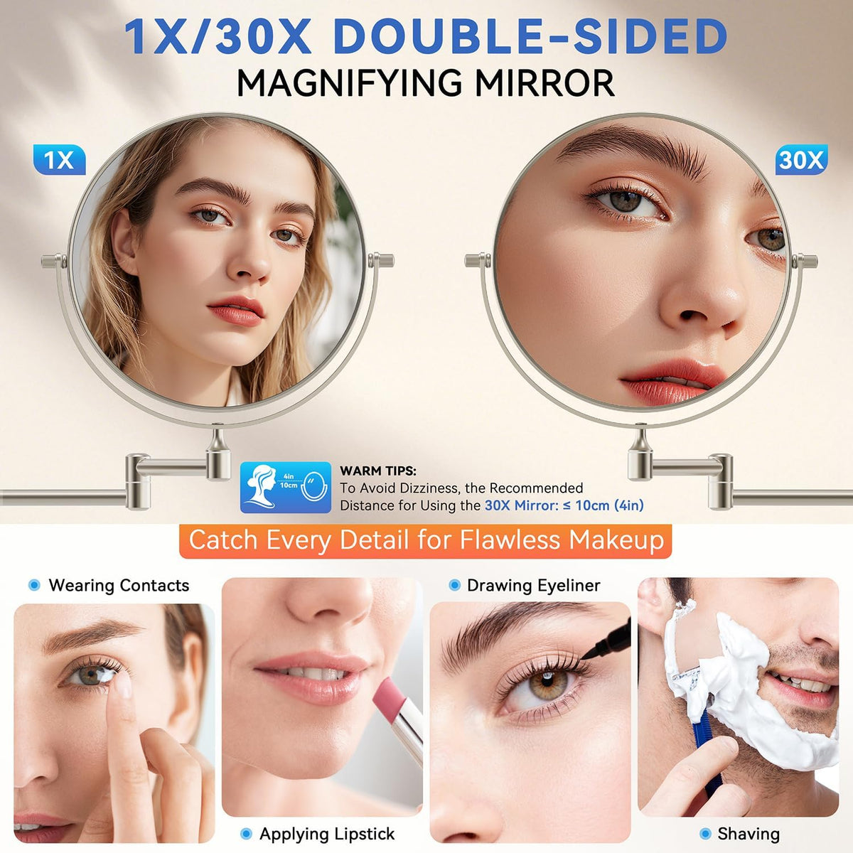 Auxmir Miroir de maquillage mural 30X/1X, miroir grossissant double face de 20,3 cm avec pince à épiler, miroir de maquillage de salle de bain, miroir cosmétique avec bras extensible pivotant à 360°, nickel